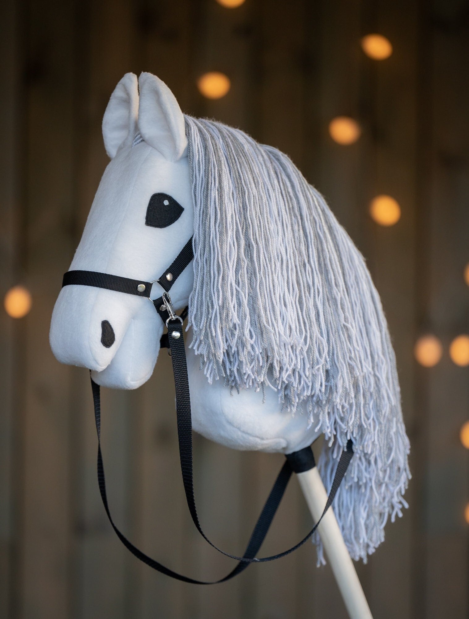 White Hobbyhorse with Grey Mane – A3 Size Stick Horse | Handmade Hobby Horse with Black Halter