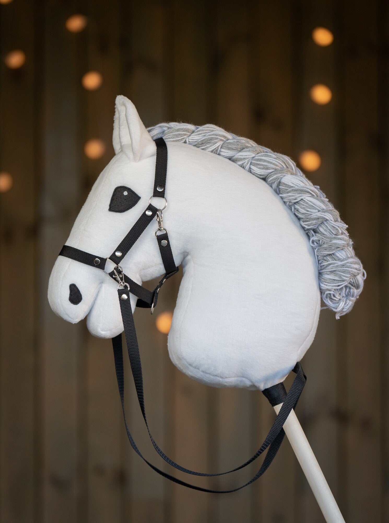 White Hobbyhorse with Grey Mane – A3 Size Stick Horse | Handmade Hobby Horse with Black Halter