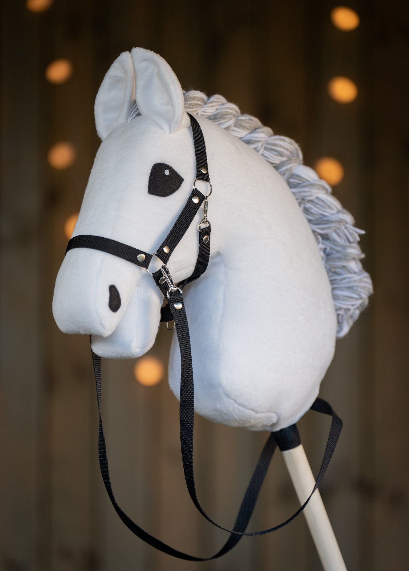 White Hobbyhorse with Grey Mane – A3 Size Stick Horse | Handmade Hobby Horse with Black Halter