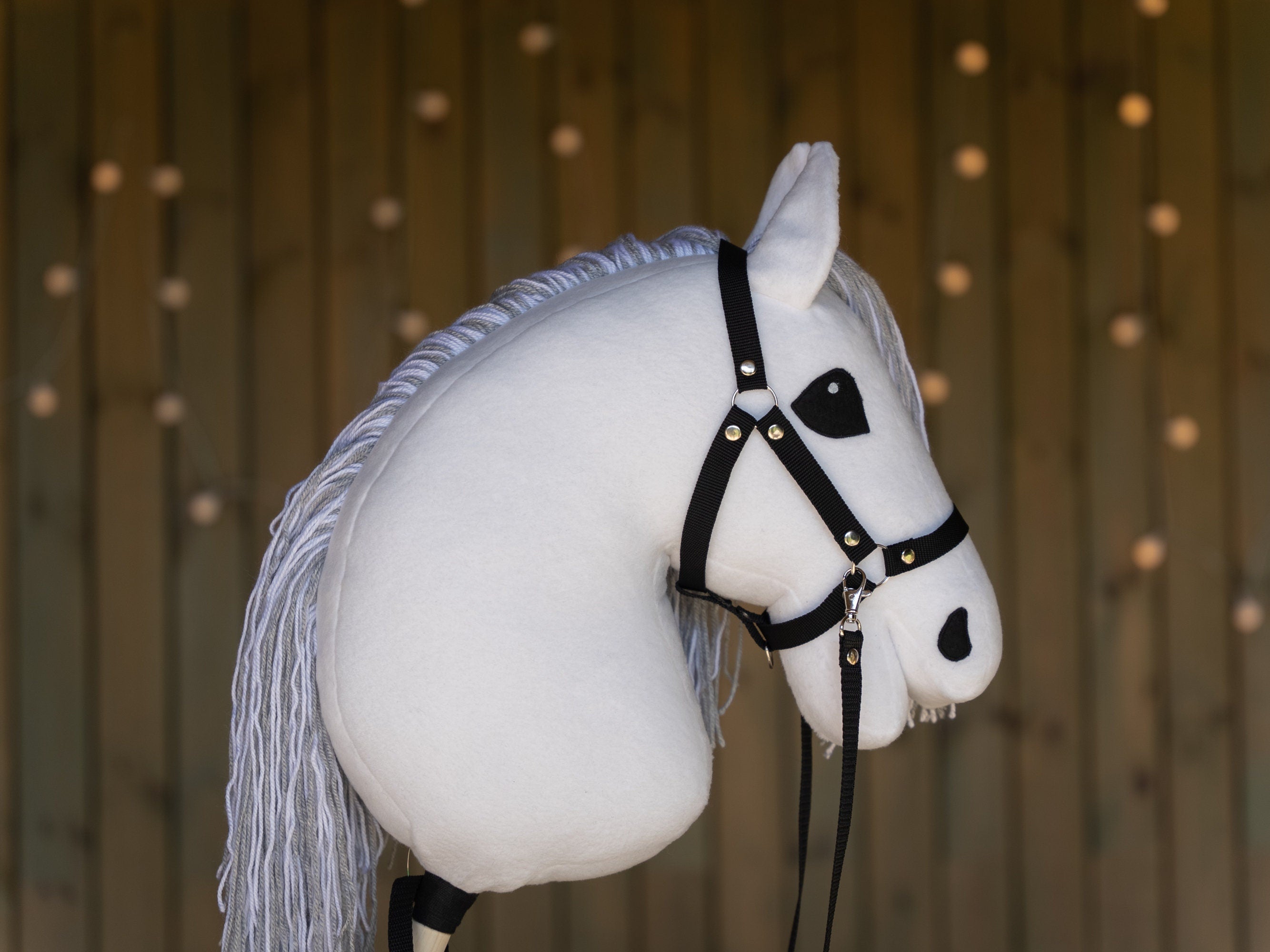 White Hobbyhorse with Grey Mane – A3 Size Stick Horse | Handmade Hobby Horse with Black Halter