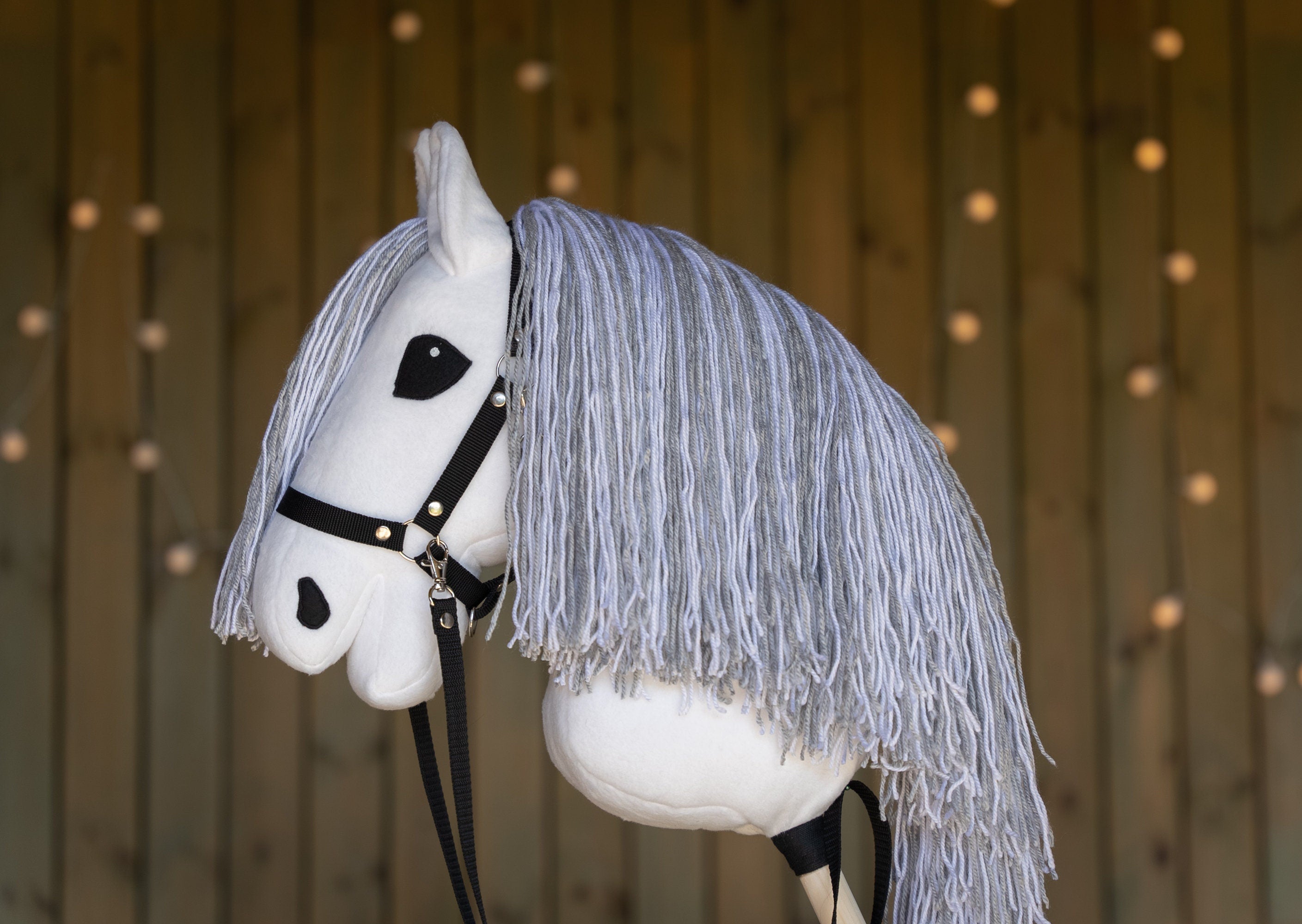 White Hobbyhorse with Grey Mane – A3 Size Stick Horse | Handmade Hobby Horse with Black Halter