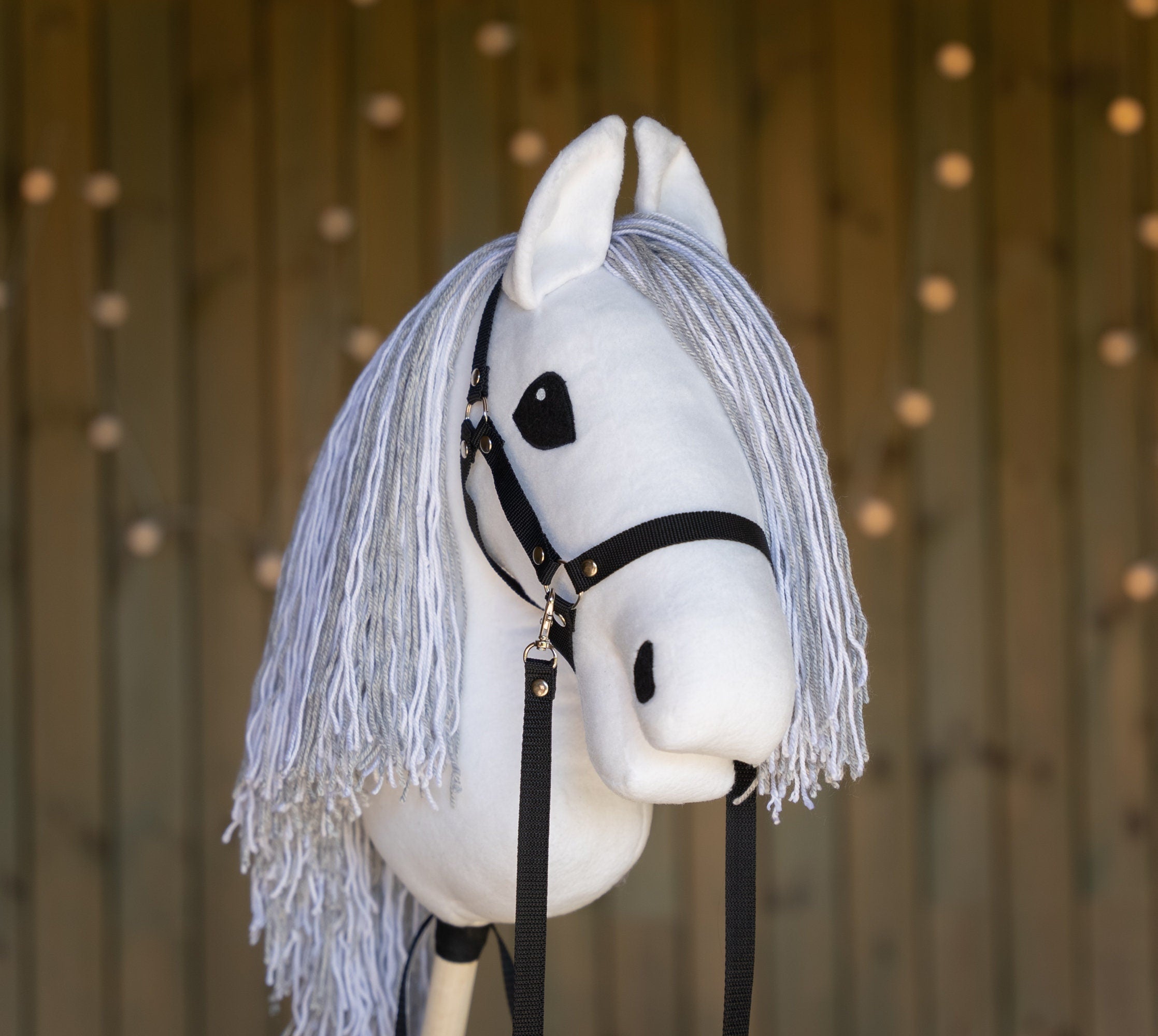 White Hobbyhorse with Grey Mane – A3 Size Stick Horse | Handmade Hobby Horse with Black Halter