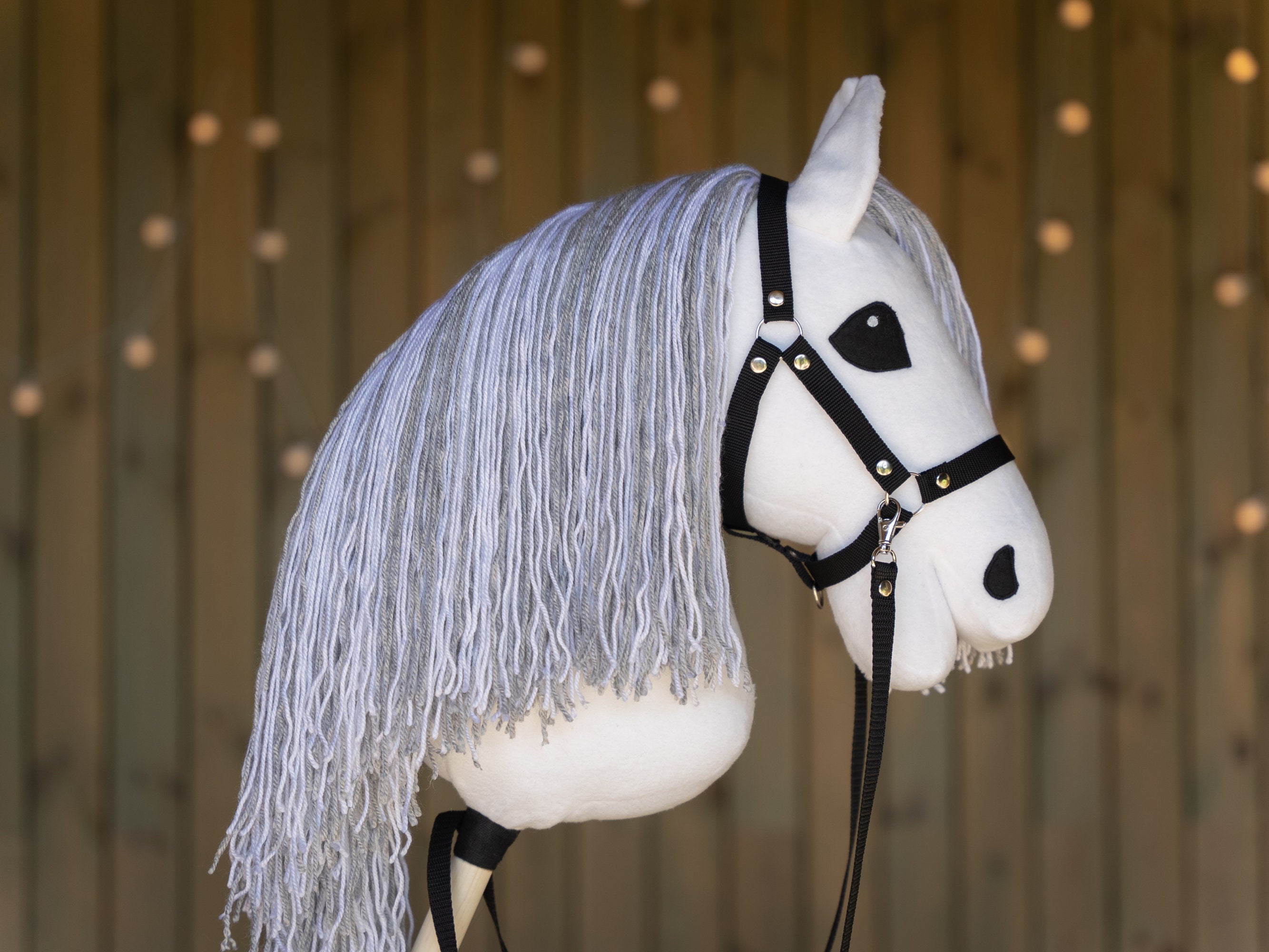 White Hobbyhorse with Grey Mane – A3 Size Stick Horse | Handmade Hobby Horse with Black Halter