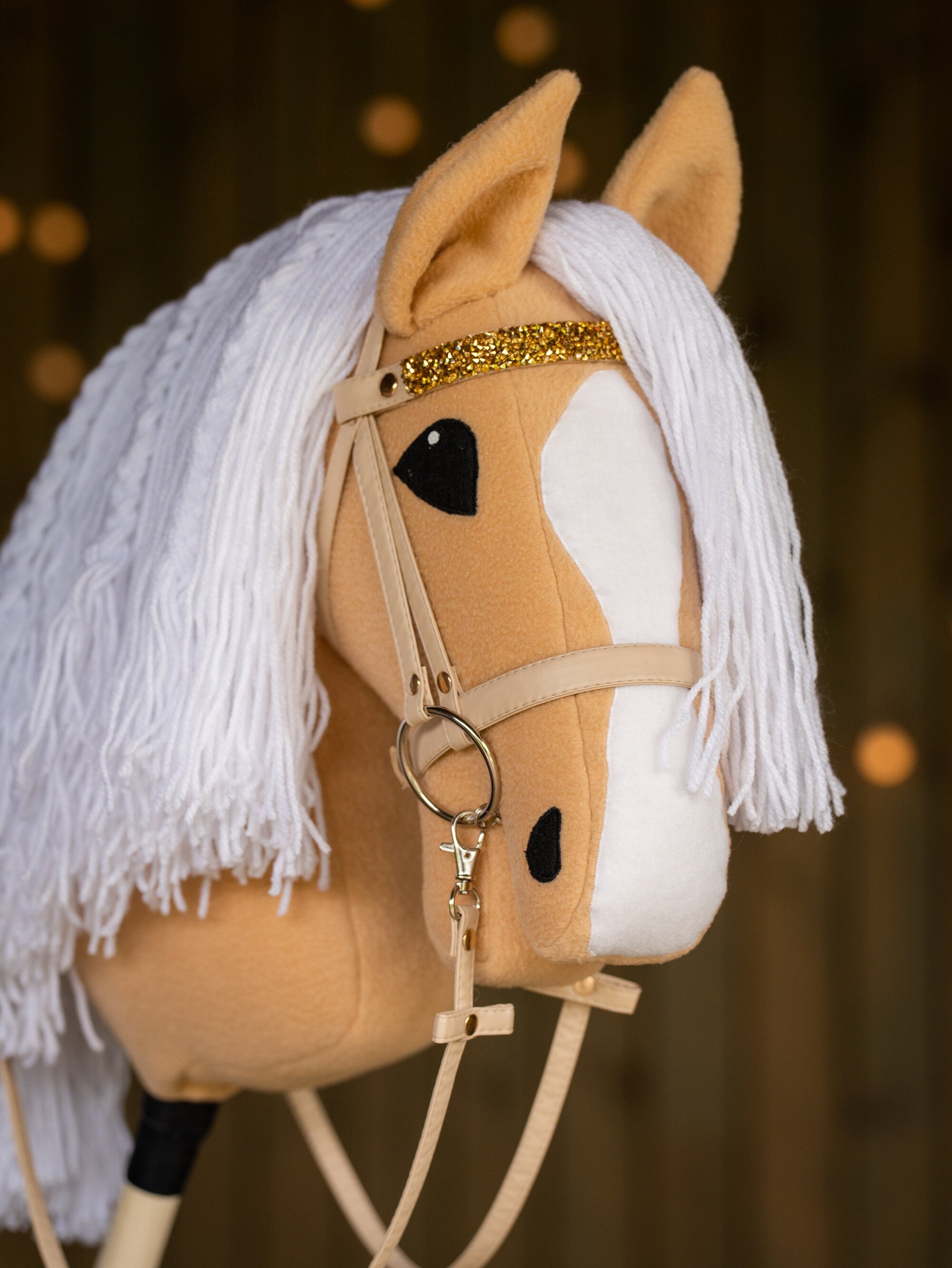 Palomino Hobbyhorse with Rhinestone Bridle – A3 Size Stick Horse | Handmade Hobby Horse with White Mane