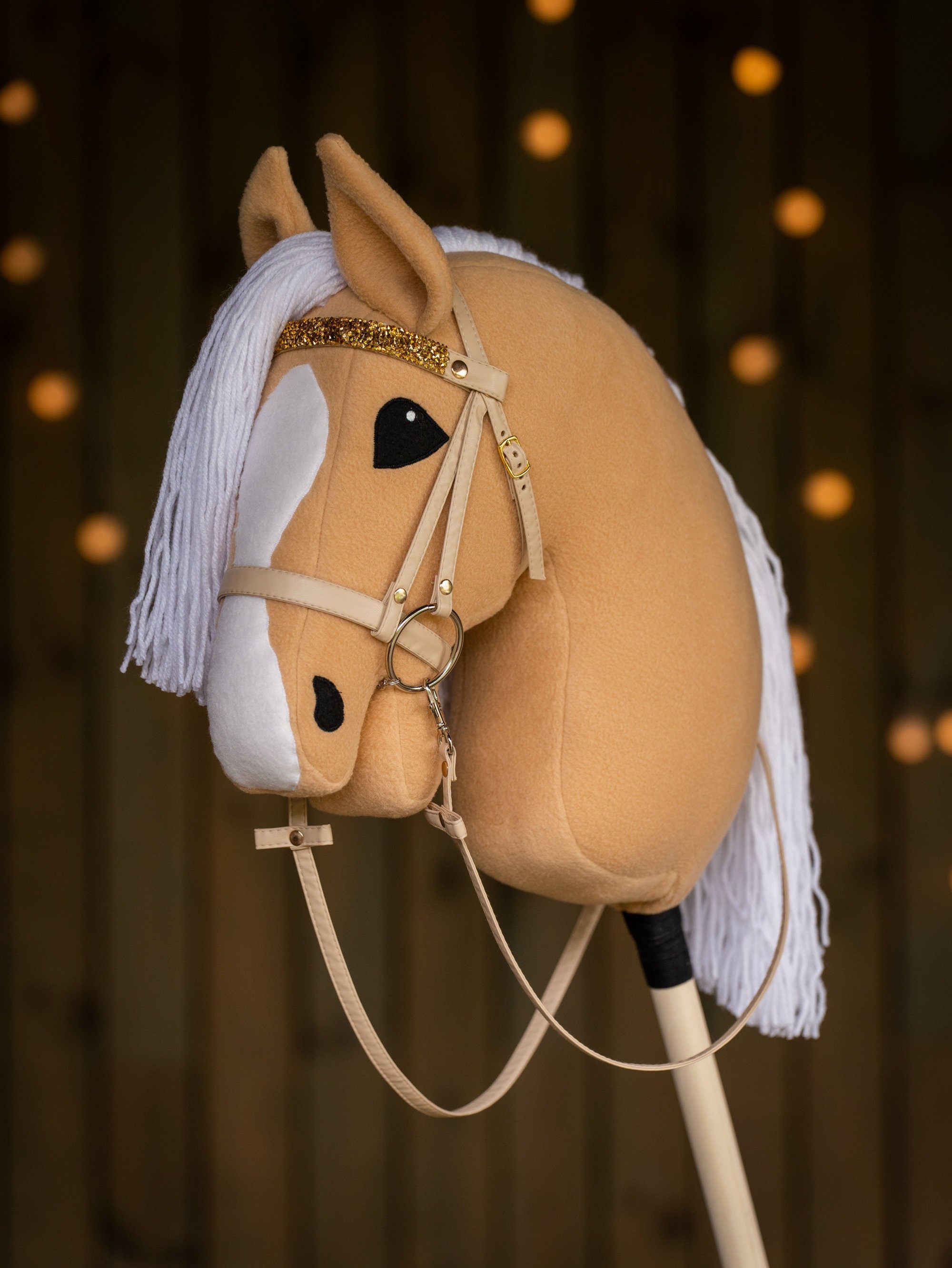 Palomino Hobbyhorse with Rhinestone Bridle – A3 Size Stick Horse | Handmade Hobby Horse with White Mane
