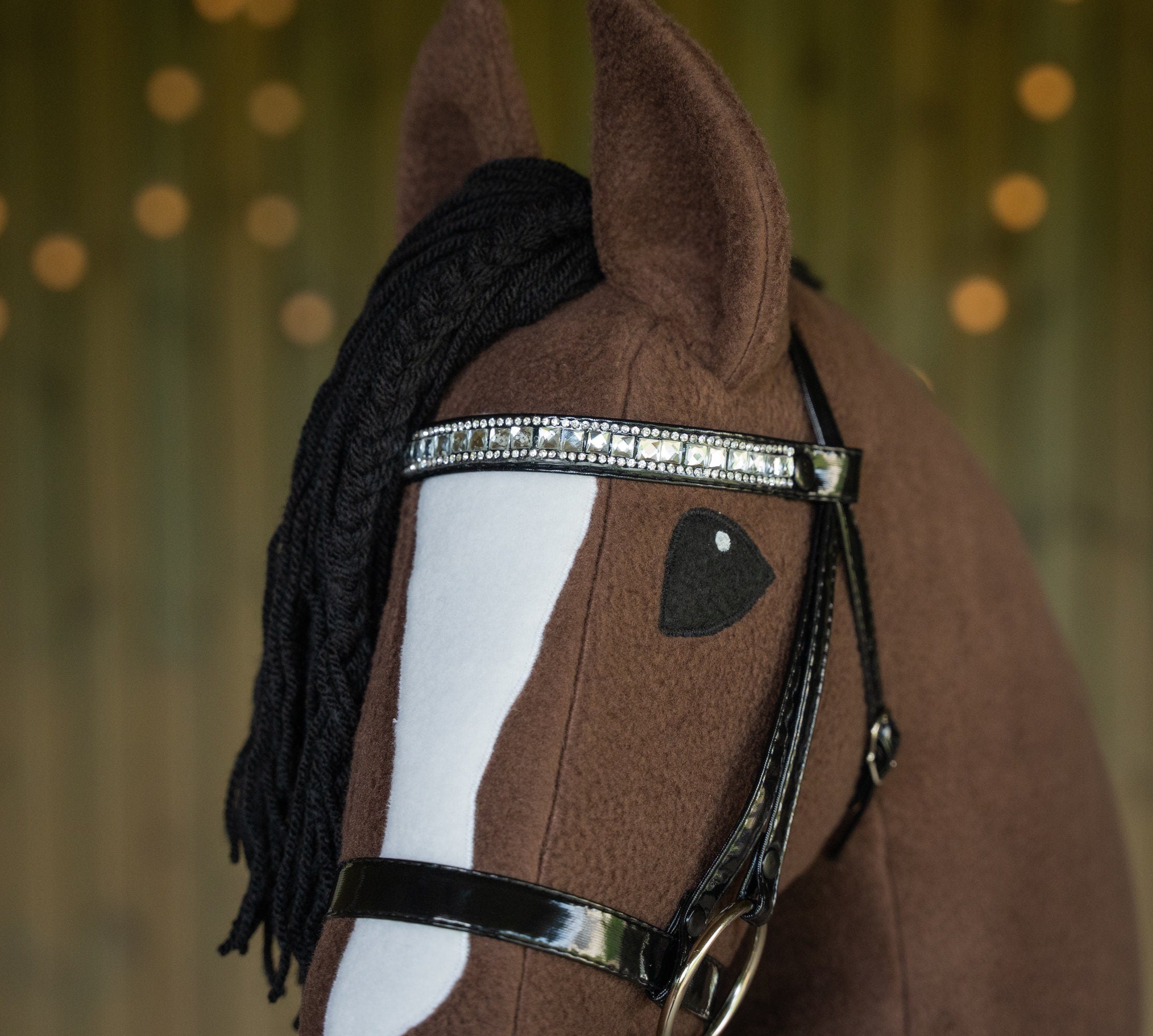 Brown Hobbyhorse with Black Mane – A3 Size Stick Horse | Handmade Hobby Horse with Rhinestone Bridle or Halter
