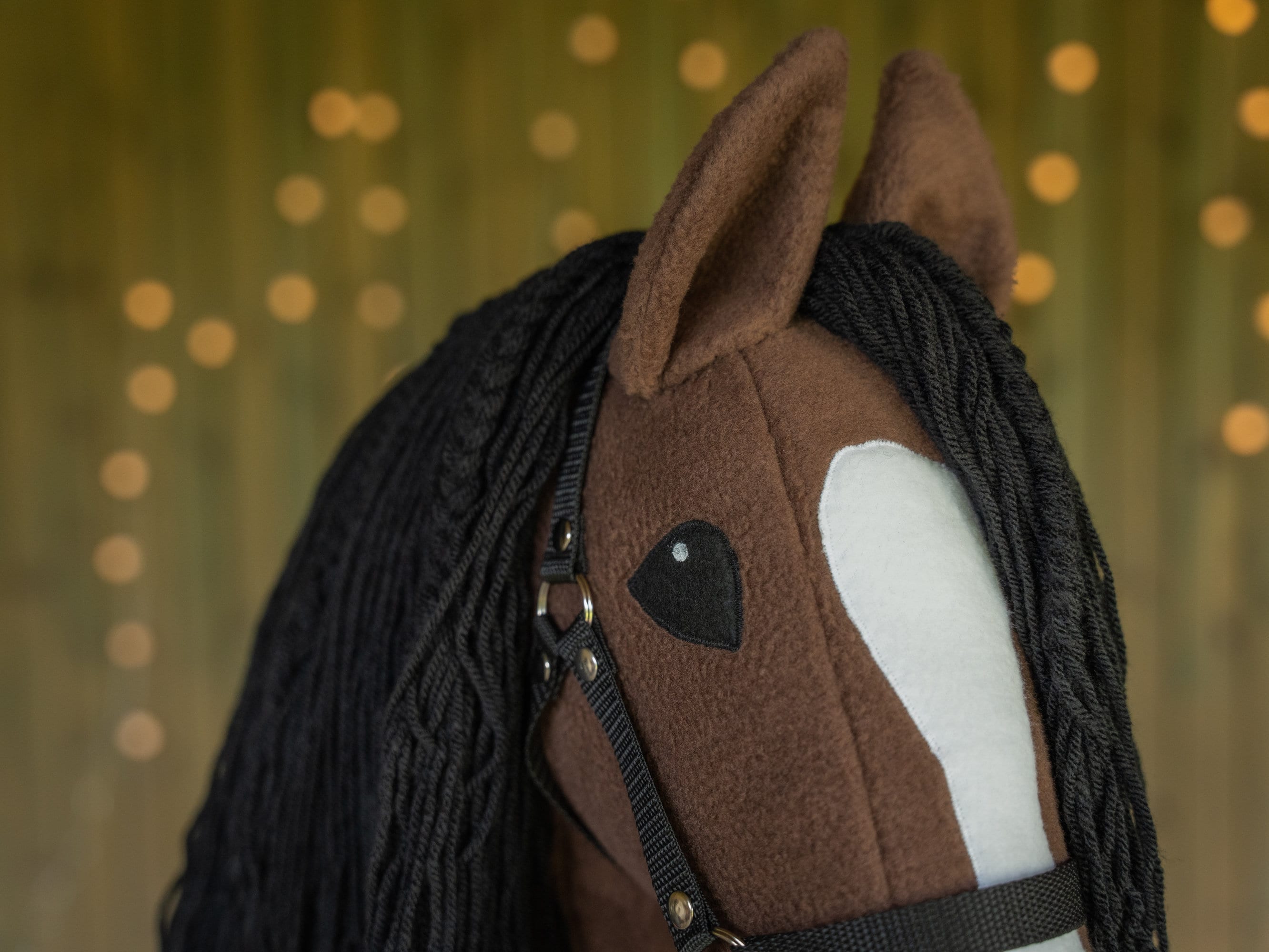 Brown Hobbyhorse with Black Mane – A3 Size Stick Horse | Handmade Hobby Horse with Rhinestone Bridle or Halter