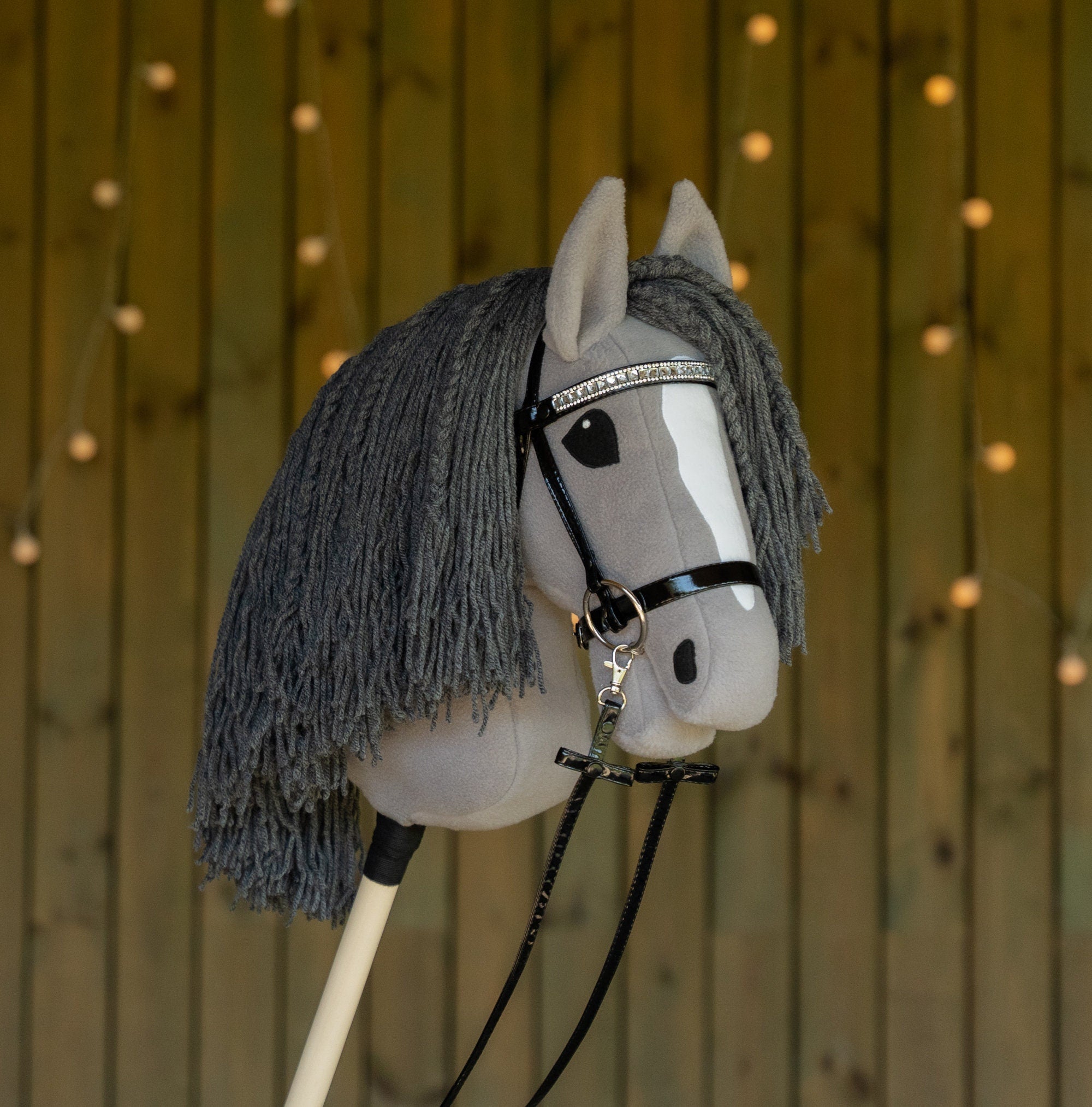 Grey Hobbyhorse – Handmade A3 Stick Horse with Halter or Rhinestone Bridle