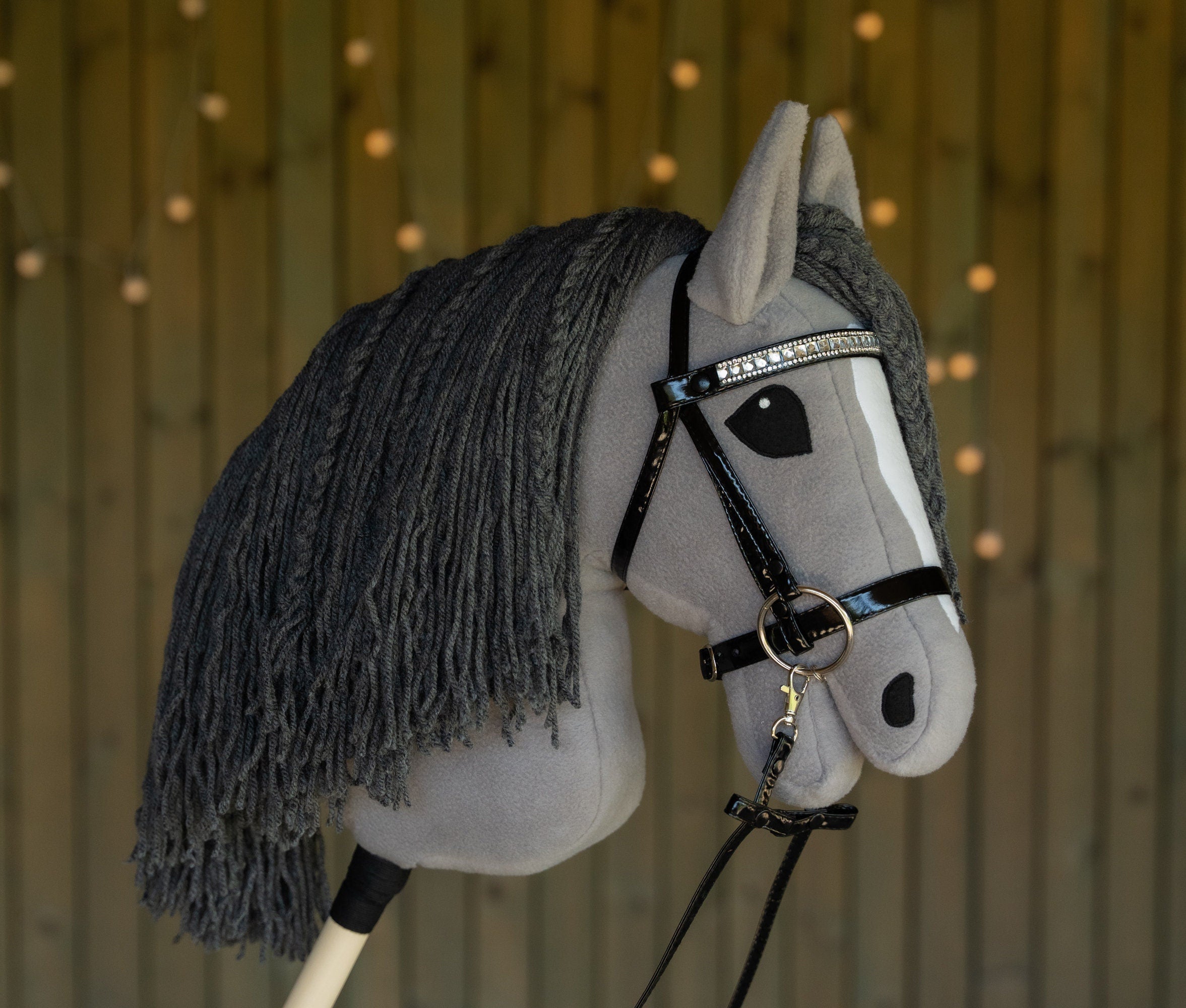 Grey Hobbyhorse – Handmade A3 Stick Horse with Halter or Rhinestone Bridle
