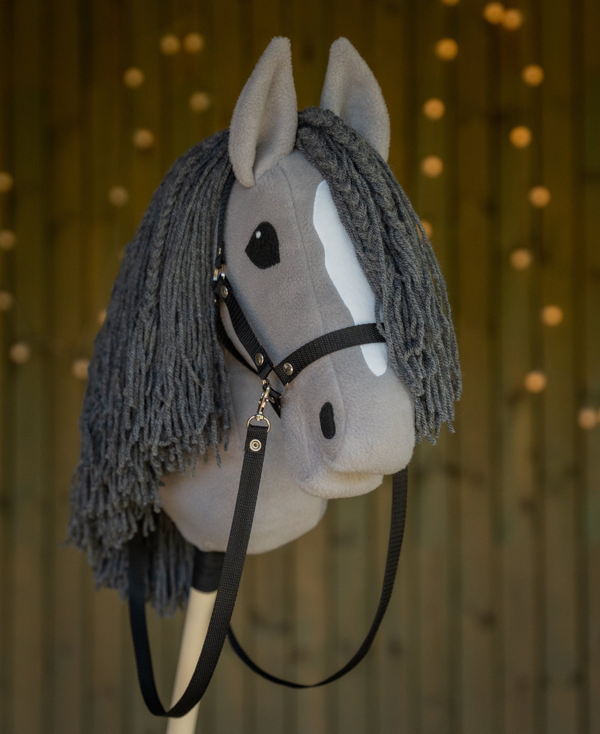 Grey Hobbyhorse – Handmade A3 Stick Horse with Halter or Rhinestone Bridle