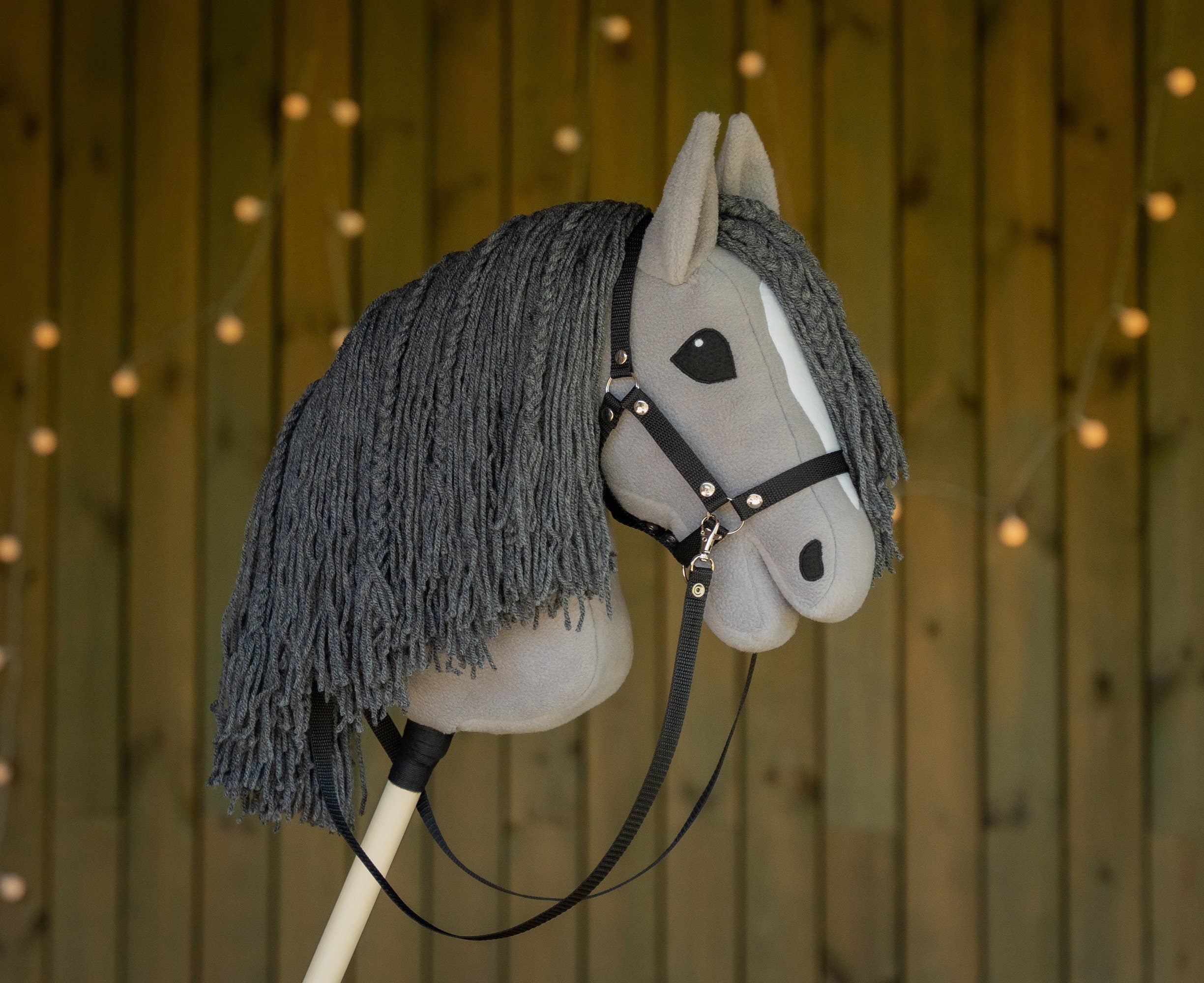 Grey Hobbyhorse – Handmade A3 Stick Horse with Halter or Rhinestone Bridle