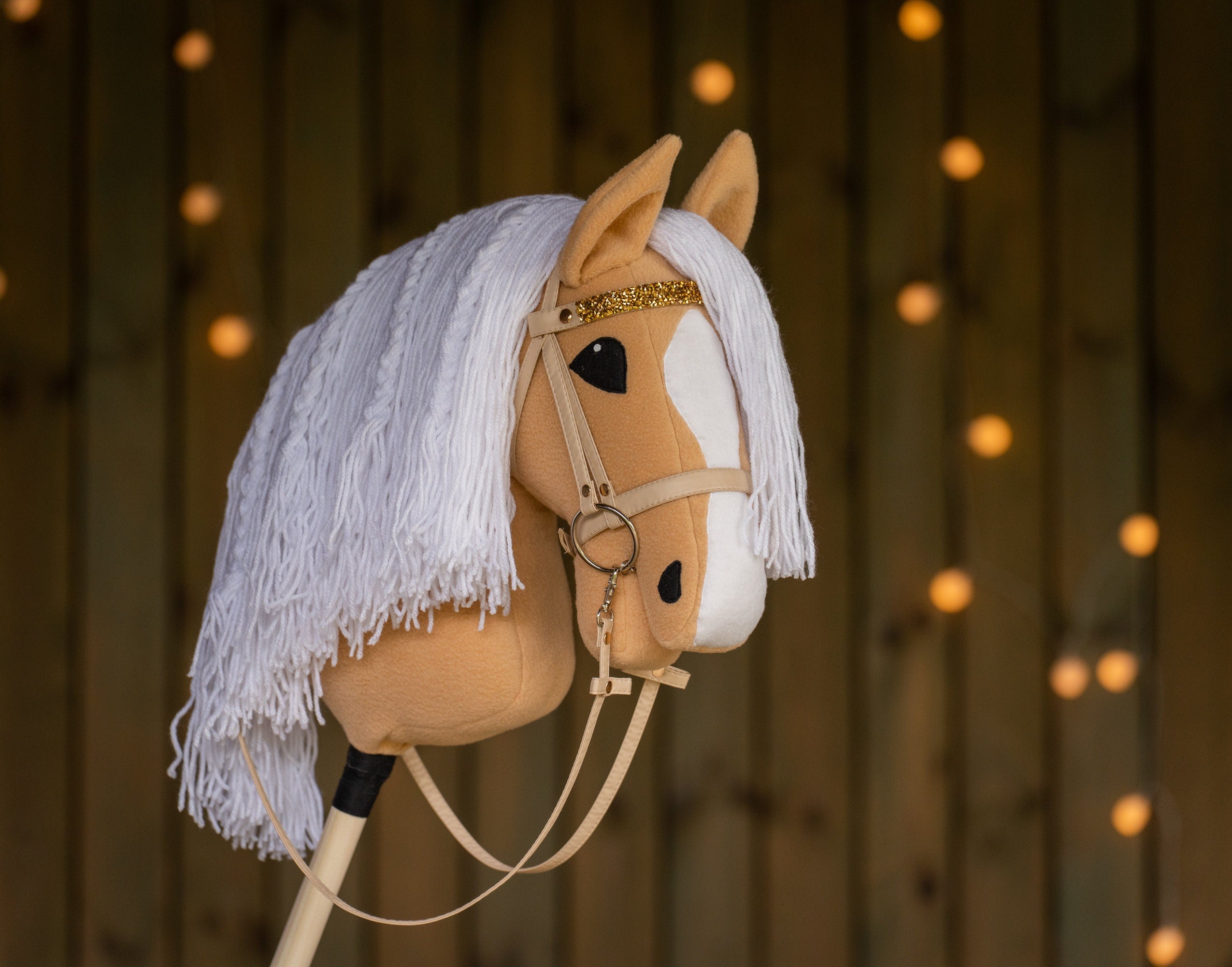 Palomino Hobbyhorse with Rhinestone Bridle – A3 Size Stick Horse | Handmade Hobby Horse with White Mane