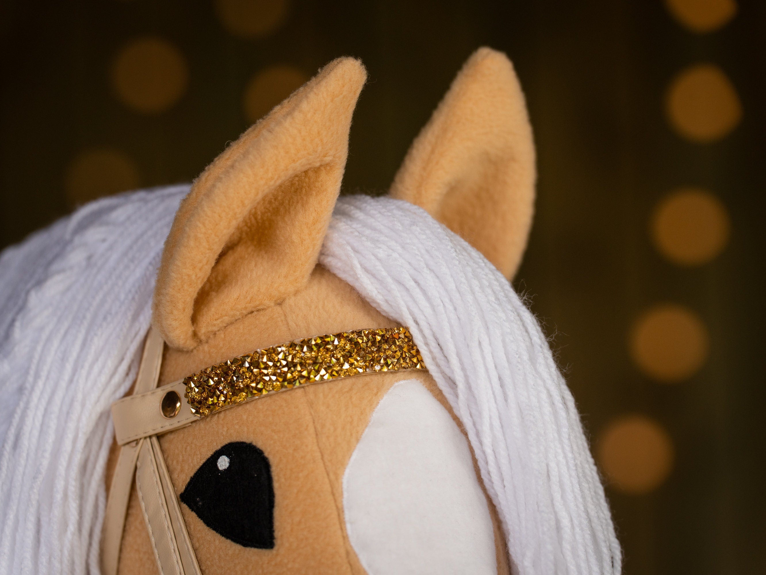 Palomino Hobbyhorse with Rhinestone Bridle – A3 Size Stick Horse | Handmade Hobby Horse with White Mane