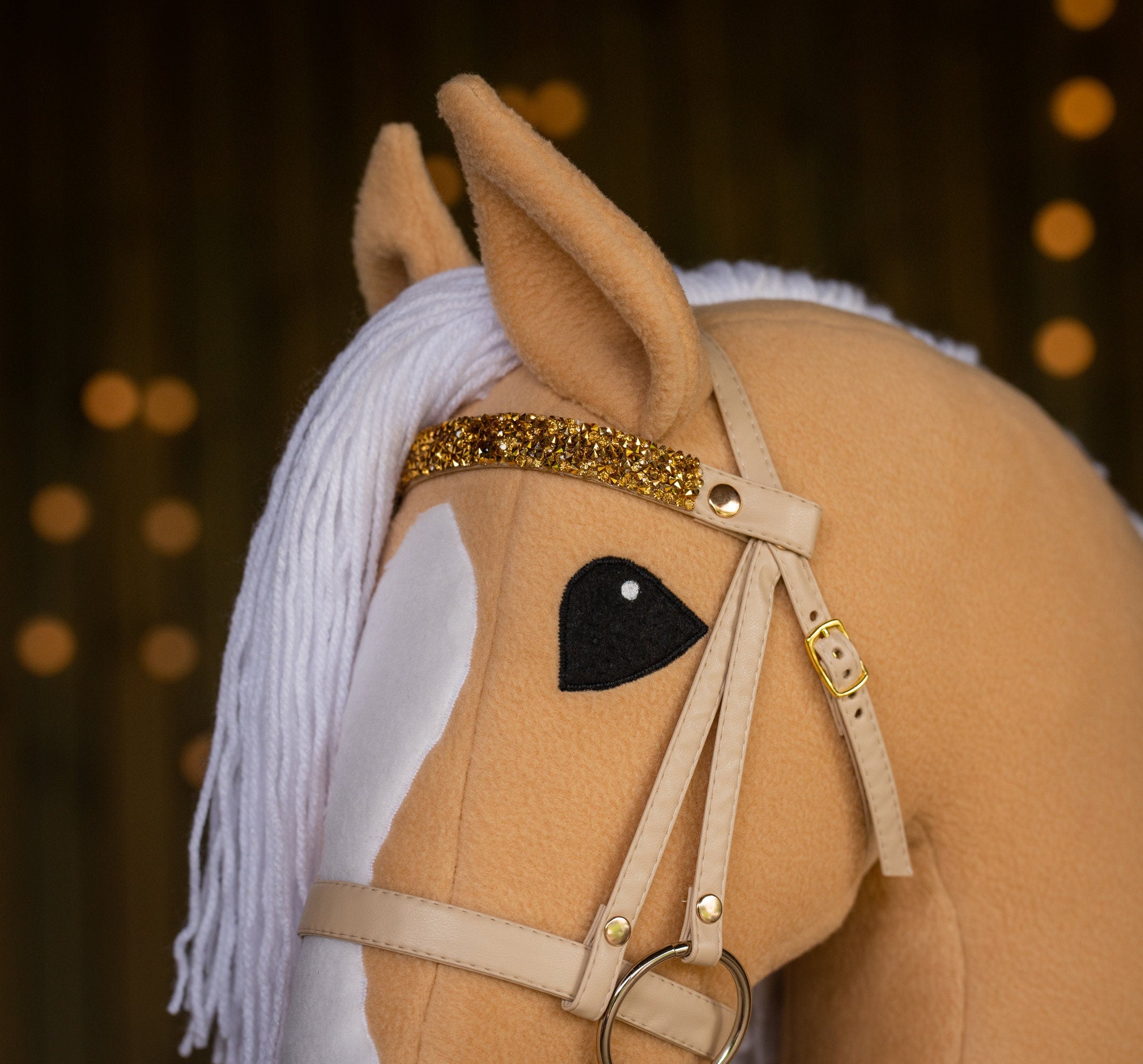 Palomino Hobbyhorse with Rhinestone Bridle – A3 Size Stick Horse | Handmade Hobby Horse with White Mane