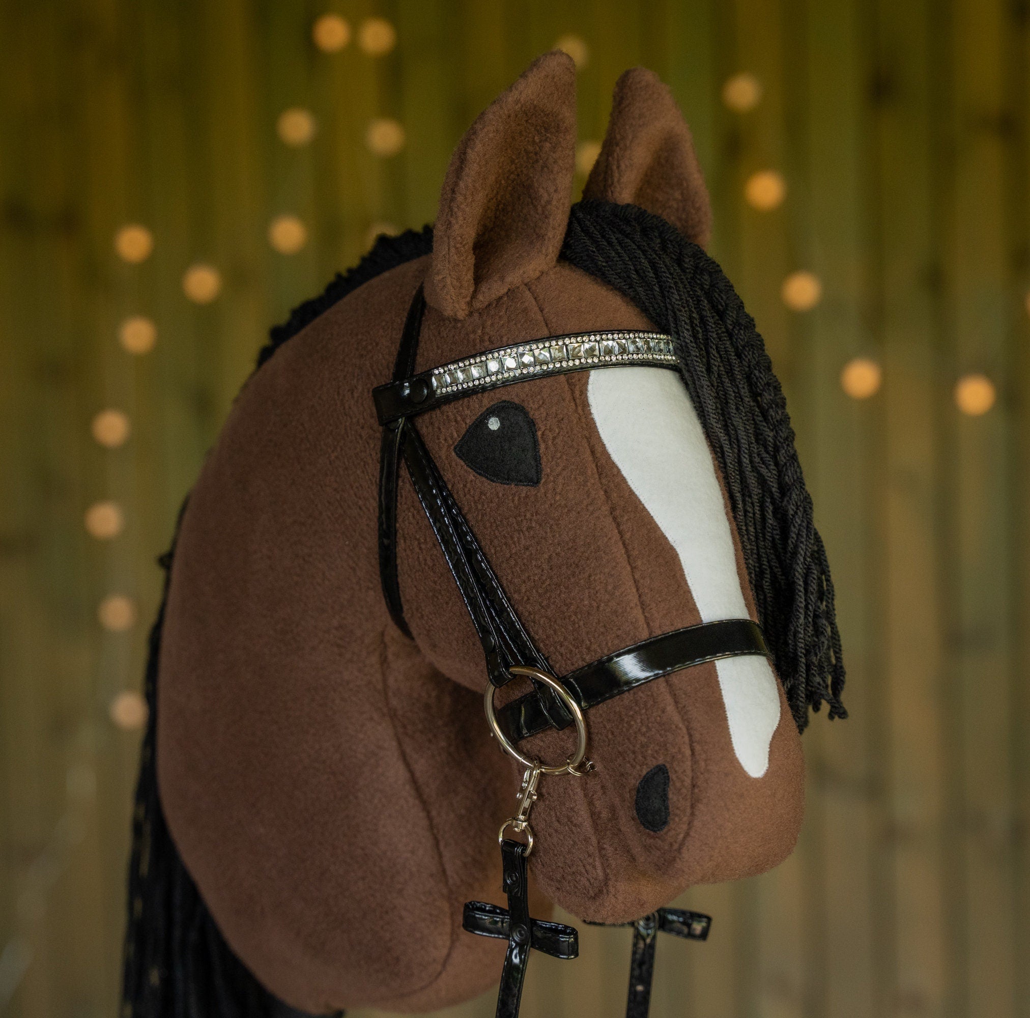Brown Hobbyhorse with Black Mane – A3 Size Stick Horse | Handmade Hobby Horse with Rhinestone Bridle or Halter