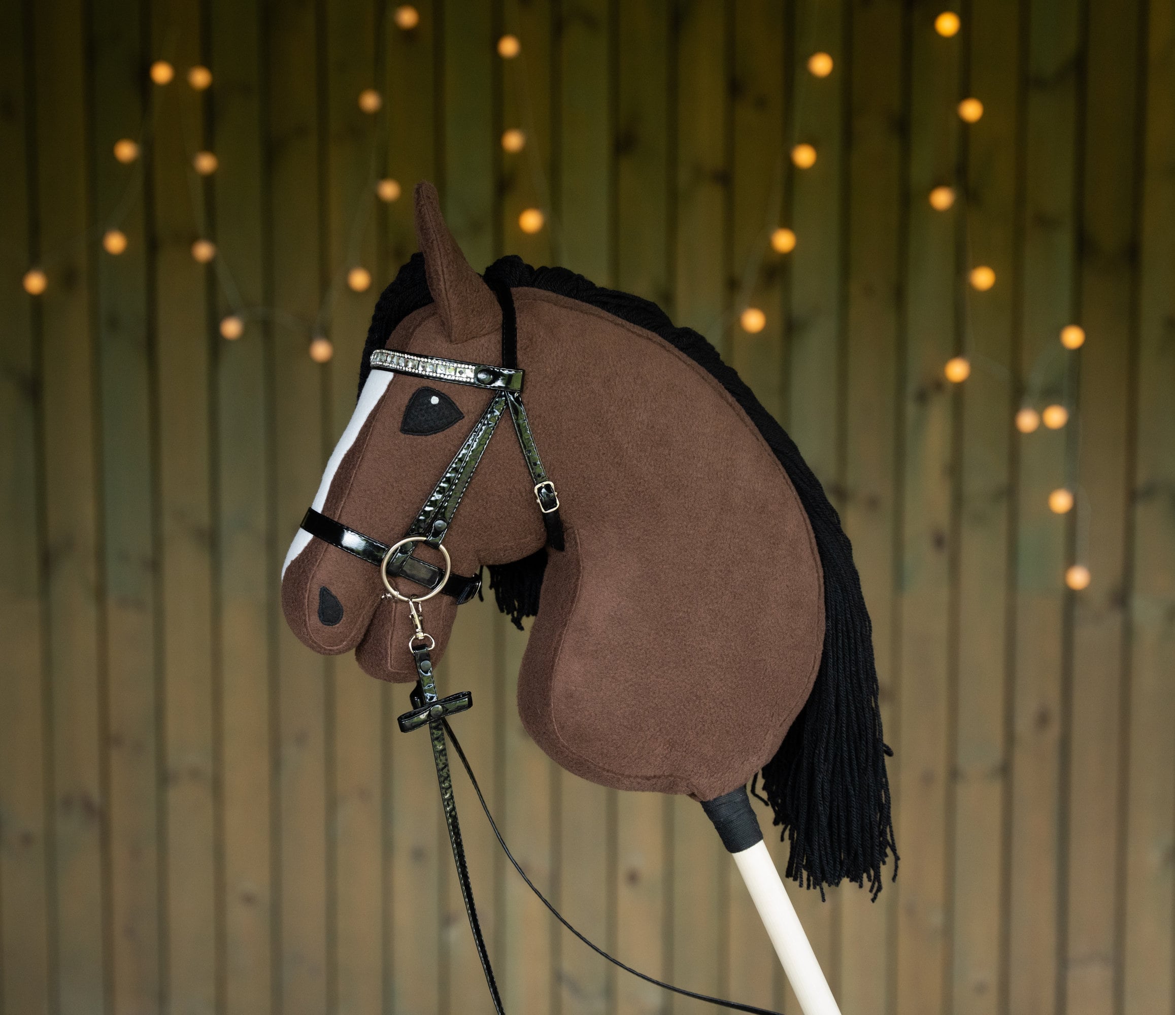 Brown Hobbyhorse with Black Mane – A3 Size Stick Horse | Handmade Hobby Horse with Rhinestone Bridle or Halter
