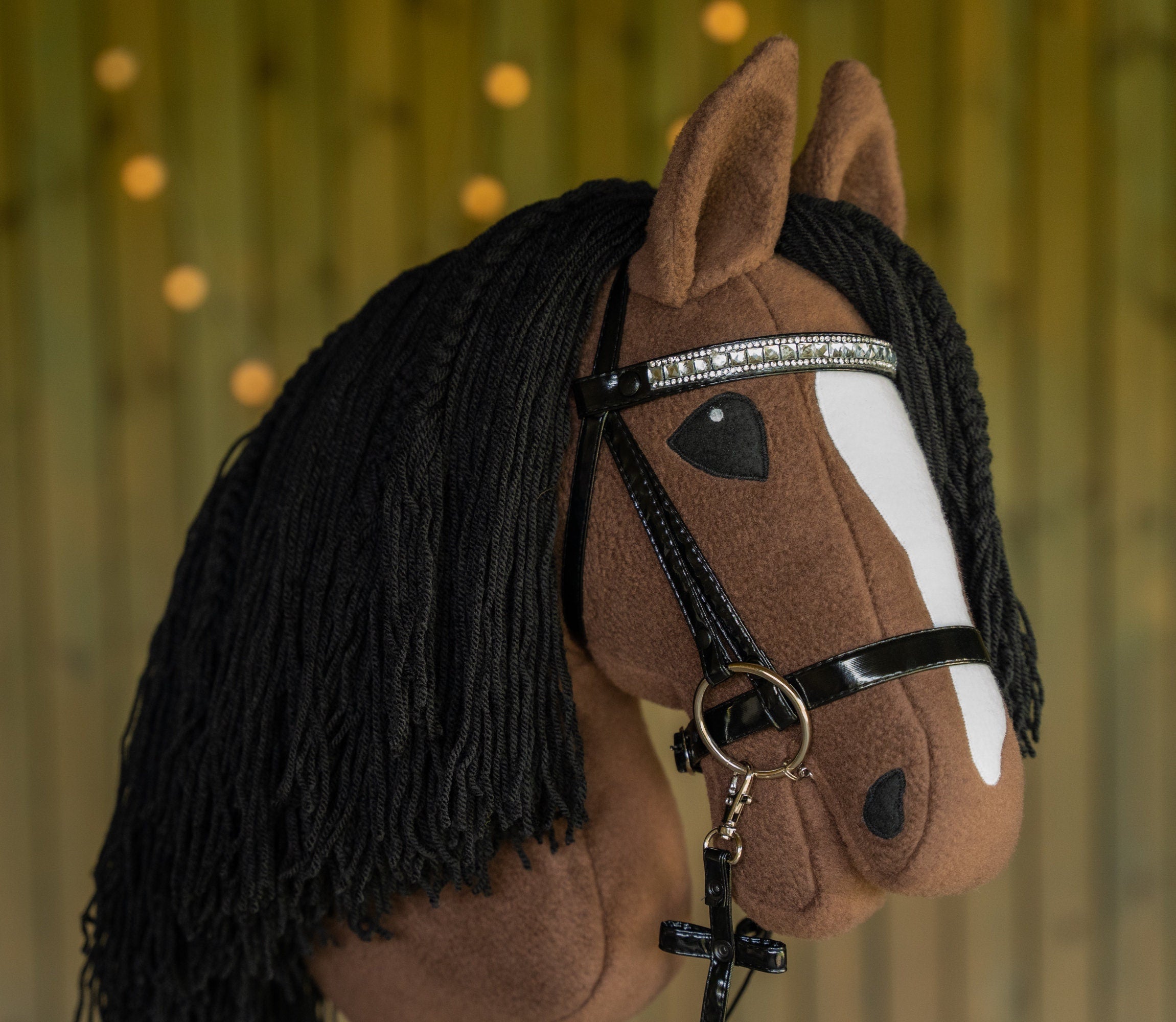 Brown Hobbyhorse with Black Mane – A3 Size Stick Horse | Handmade Hobby Horse with Rhinestone Bridle or Halter