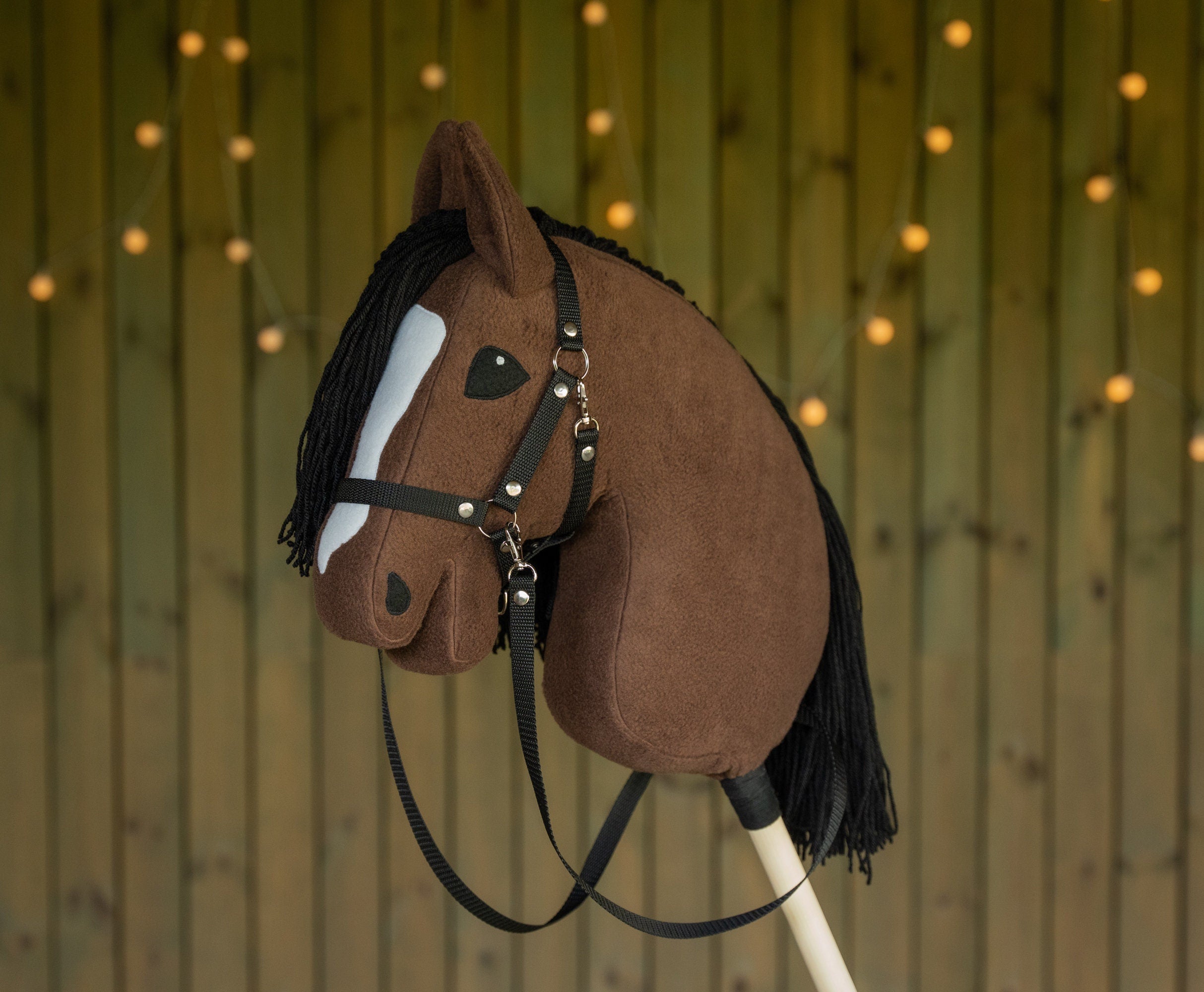 Brown Hobbyhorse with Black Mane – A3 Size Stick Horse | Handmade Hobby Horse with Rhinestone Bridle or Halter