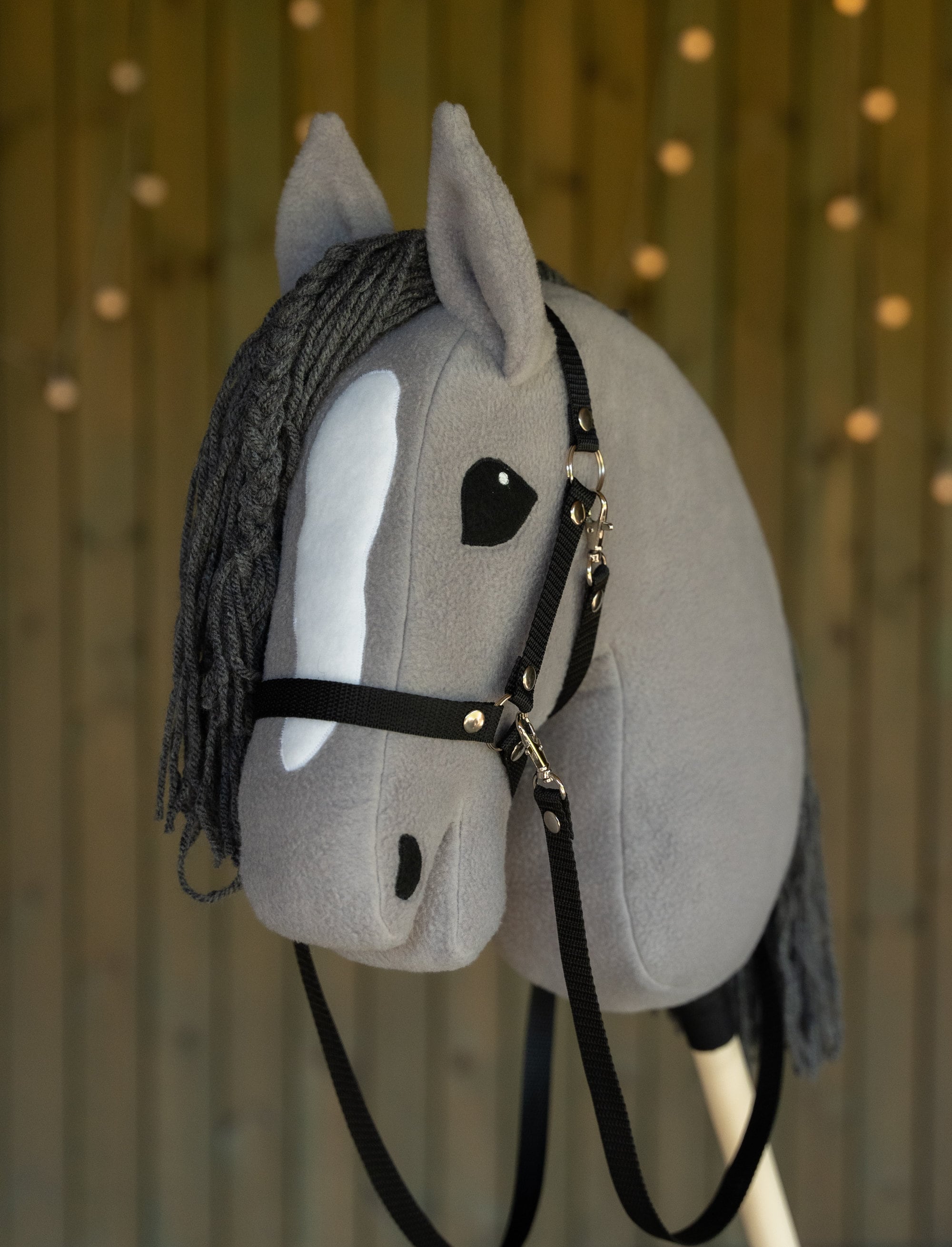 Grey Hobbyhorse – Handmade A3 Stick Horse with Halter or Rhinestone Bridle