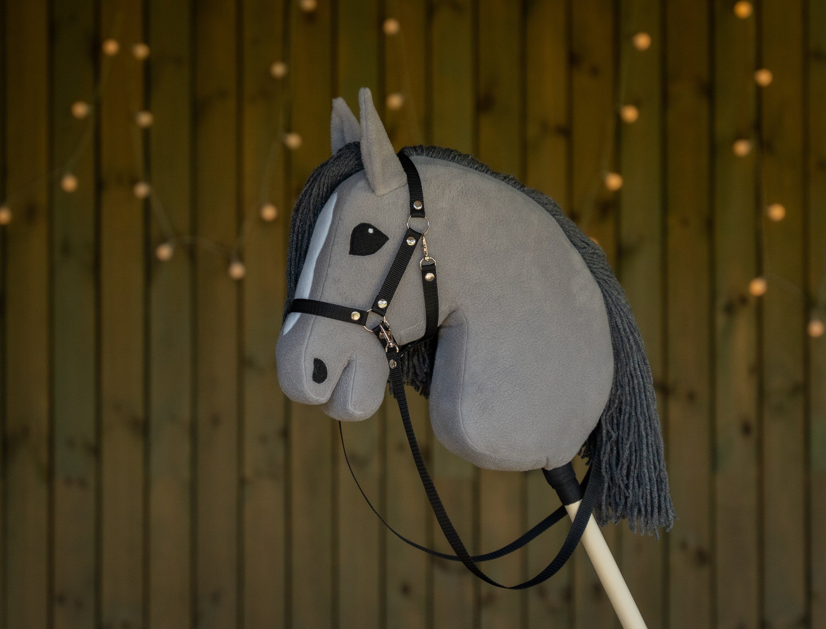Grey Hobbyhorse – Handmade A3 Stick Horse with Halter or Rhinestone Bridle