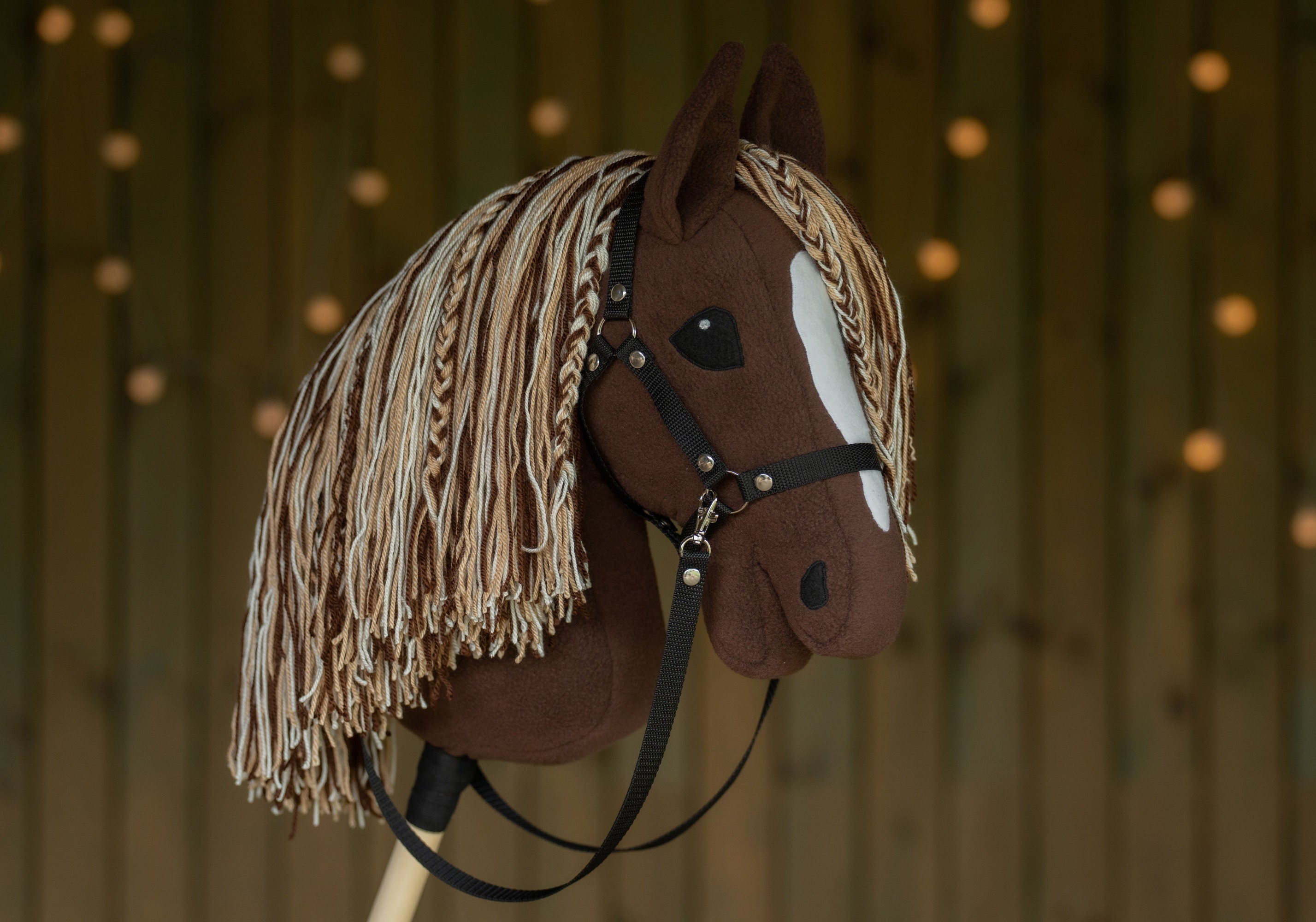 Brown Hobby Horse A3 – Handmade Stick Horse with Bridle or Halter, Tri-Color Mane