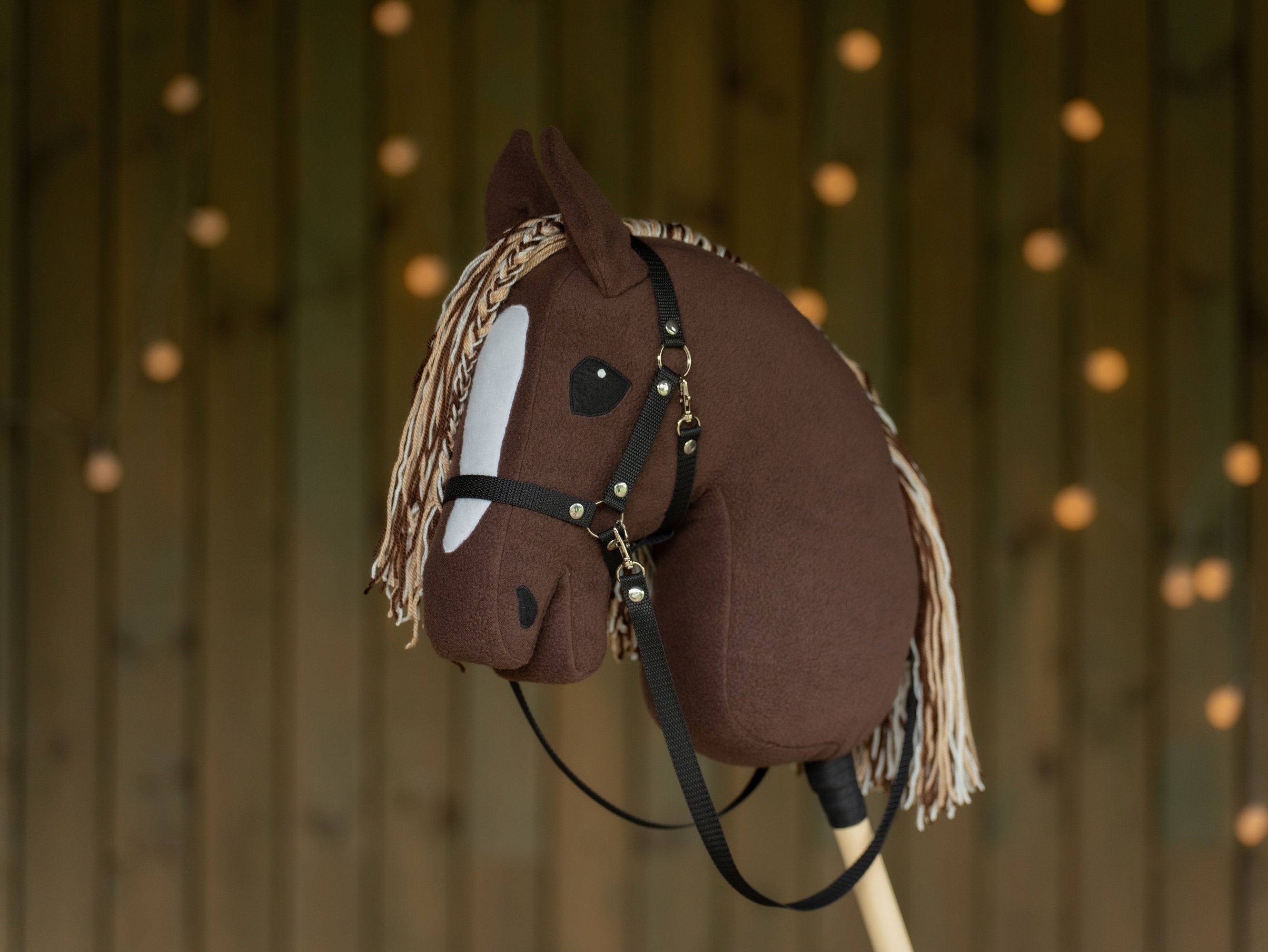 Brown Hobby Horse A3 – Handmade Stick Horse with Bridle or Halter, Tri-Color Mane