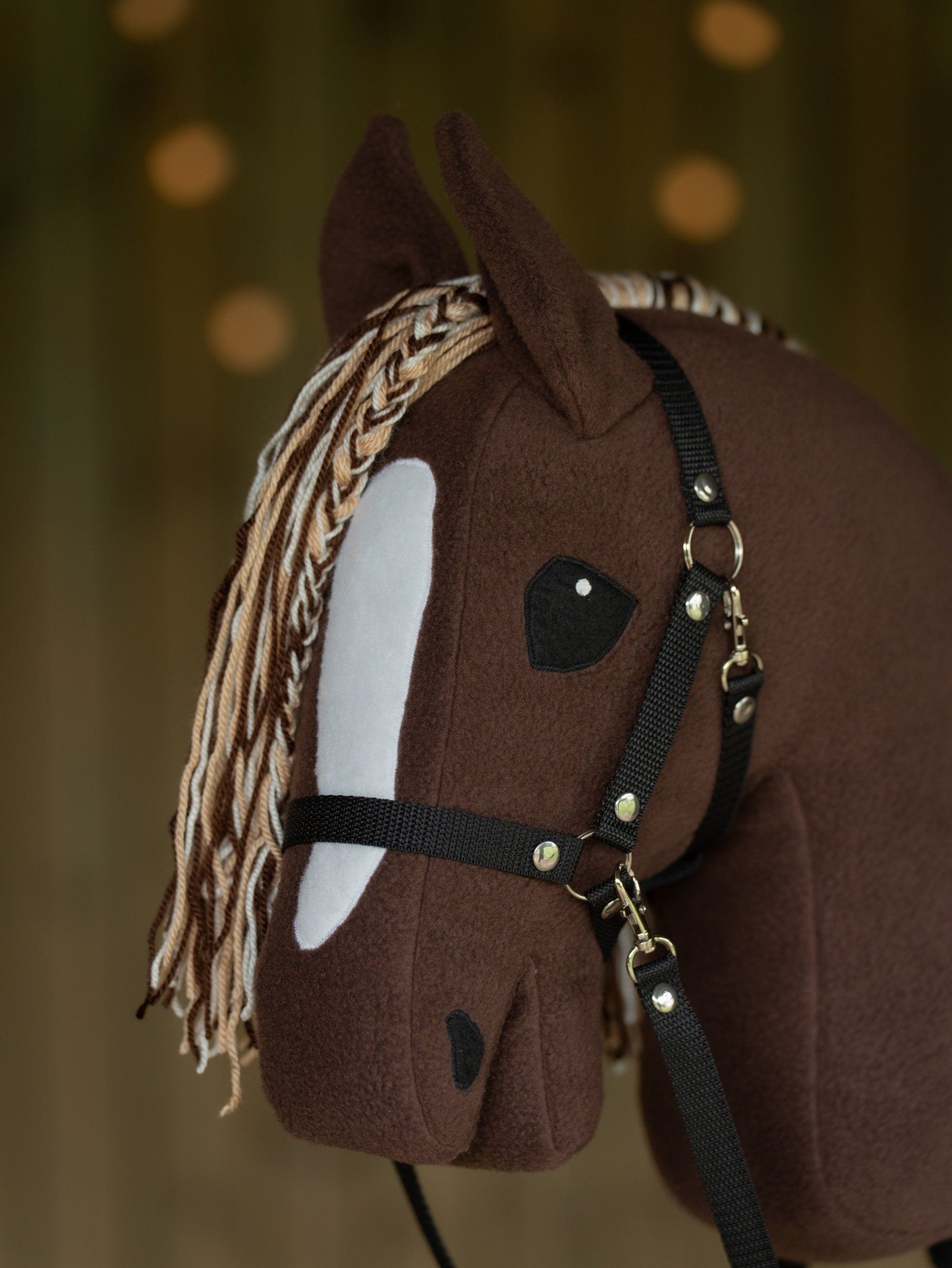 Brown Hobby Horse A3 – Handmade Stick Horse with Bridle or Halter, Tri-Color Mane