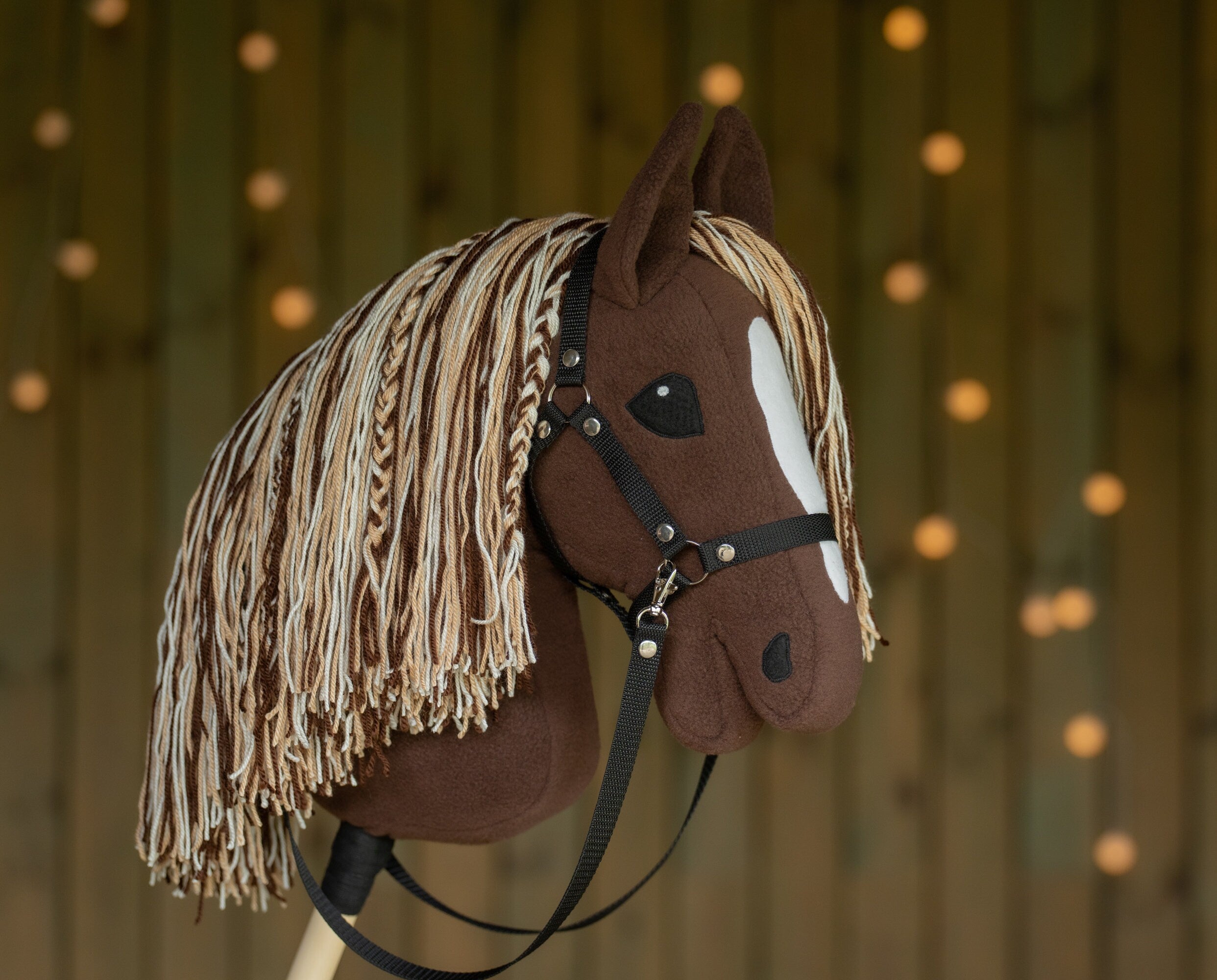 Brown Hobby Horse A3 – Handmade Stick Horse with Bridle or Halter, Tri-Color Mane