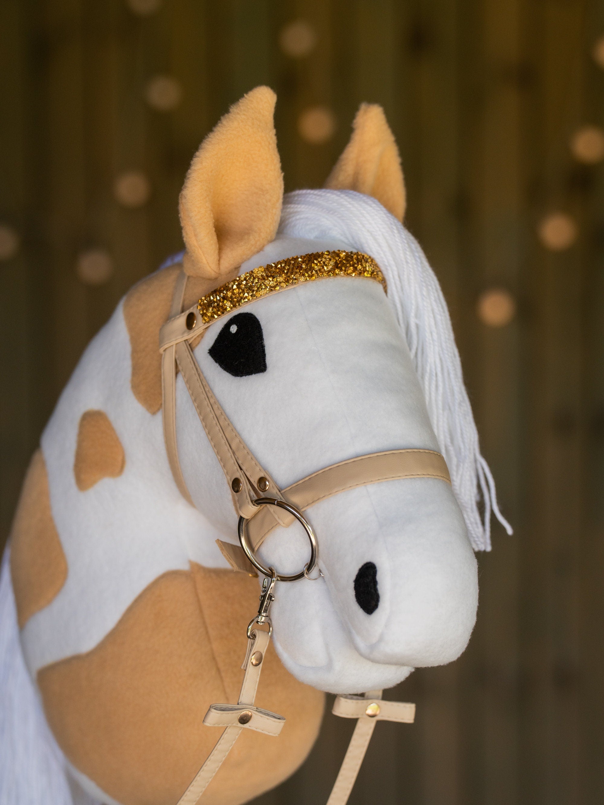 Paint Hobby Horse A3 – Handmade Stick Horse with Bridle or Halter, Rhinestone Tack, Two-Color Mane