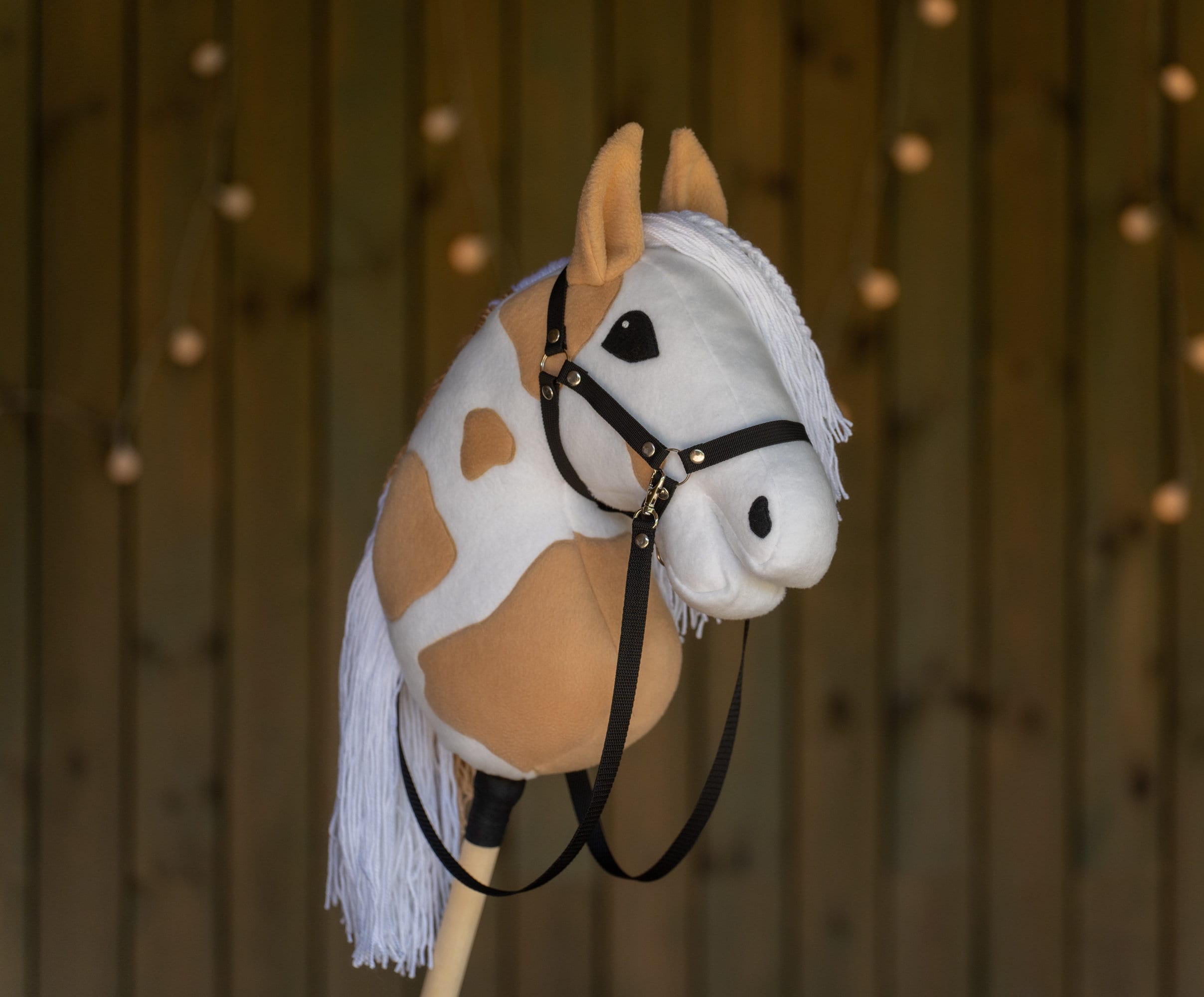 Paint Hobby Horse A3 – Handmade Stick Horse with Bridle or Halter, Rhinestone Tack, Two-Color Mane