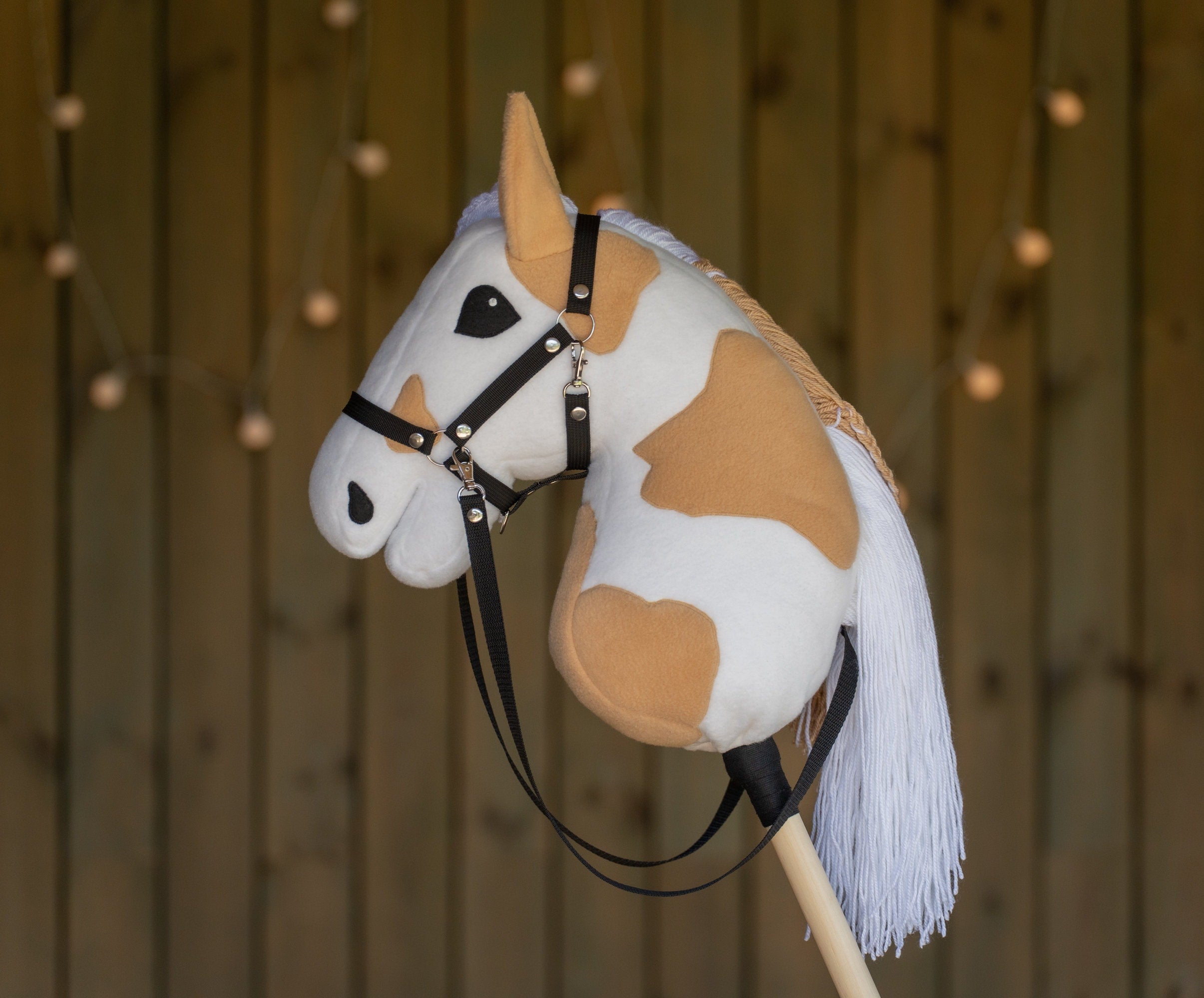Paint Hobby Horse A3 – Handmade Stick Horse with Bridle or Halter, Rhinestone Tack, Two-Color Mane