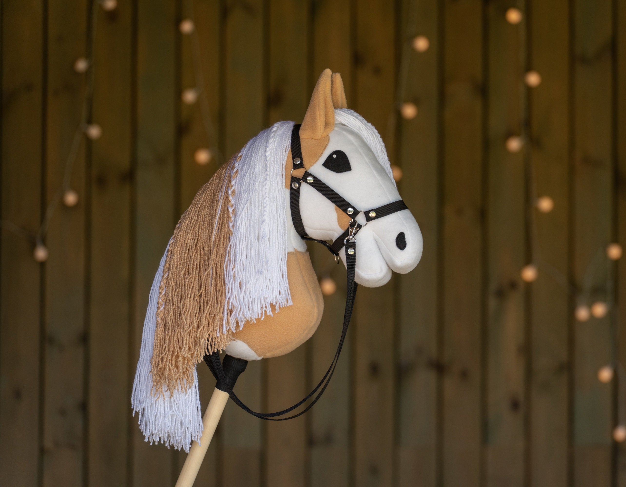 Paint Hobby Horse A3 – Handmade Stick Horse with Bridle or Halter, Rhinestone Tack, Two-Color Mane