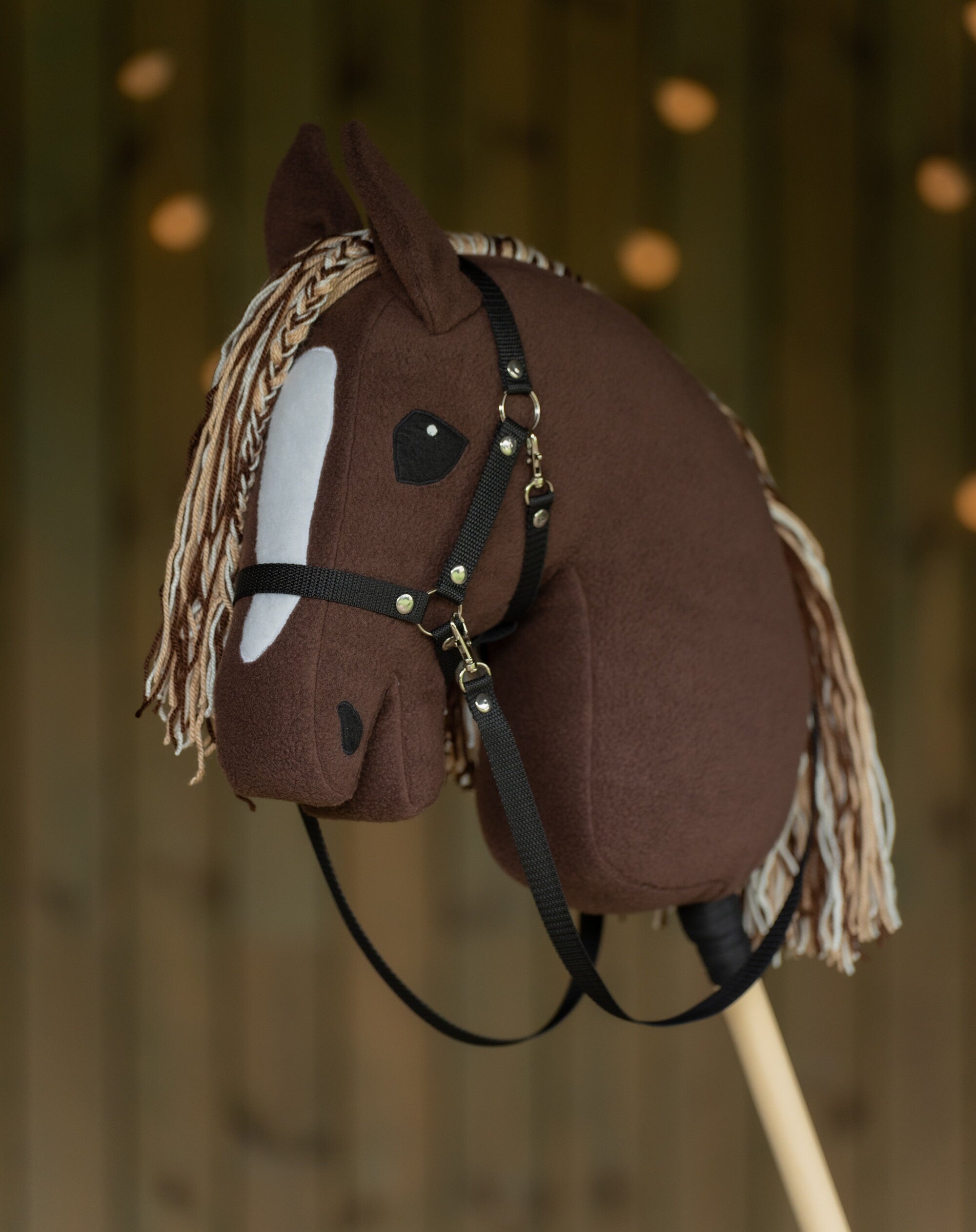 Brown Hobby Horse A3 – Handmade Stick Horse with Bridle or Halter, Tri-Color Mane