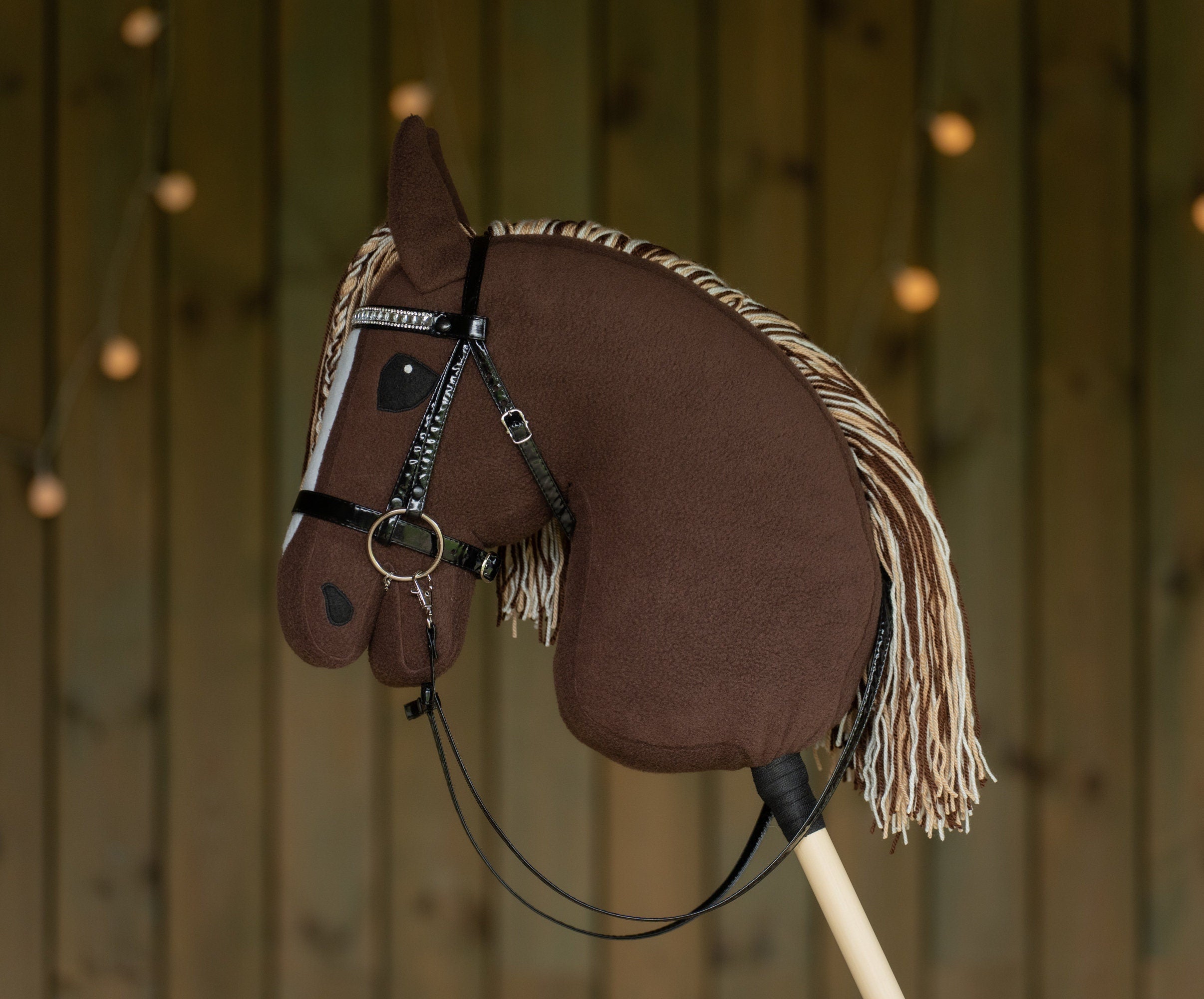 Brown Hobby Horse A3 – Handmade Stick Horse with Bridle or Halter, Tri-Color Mane