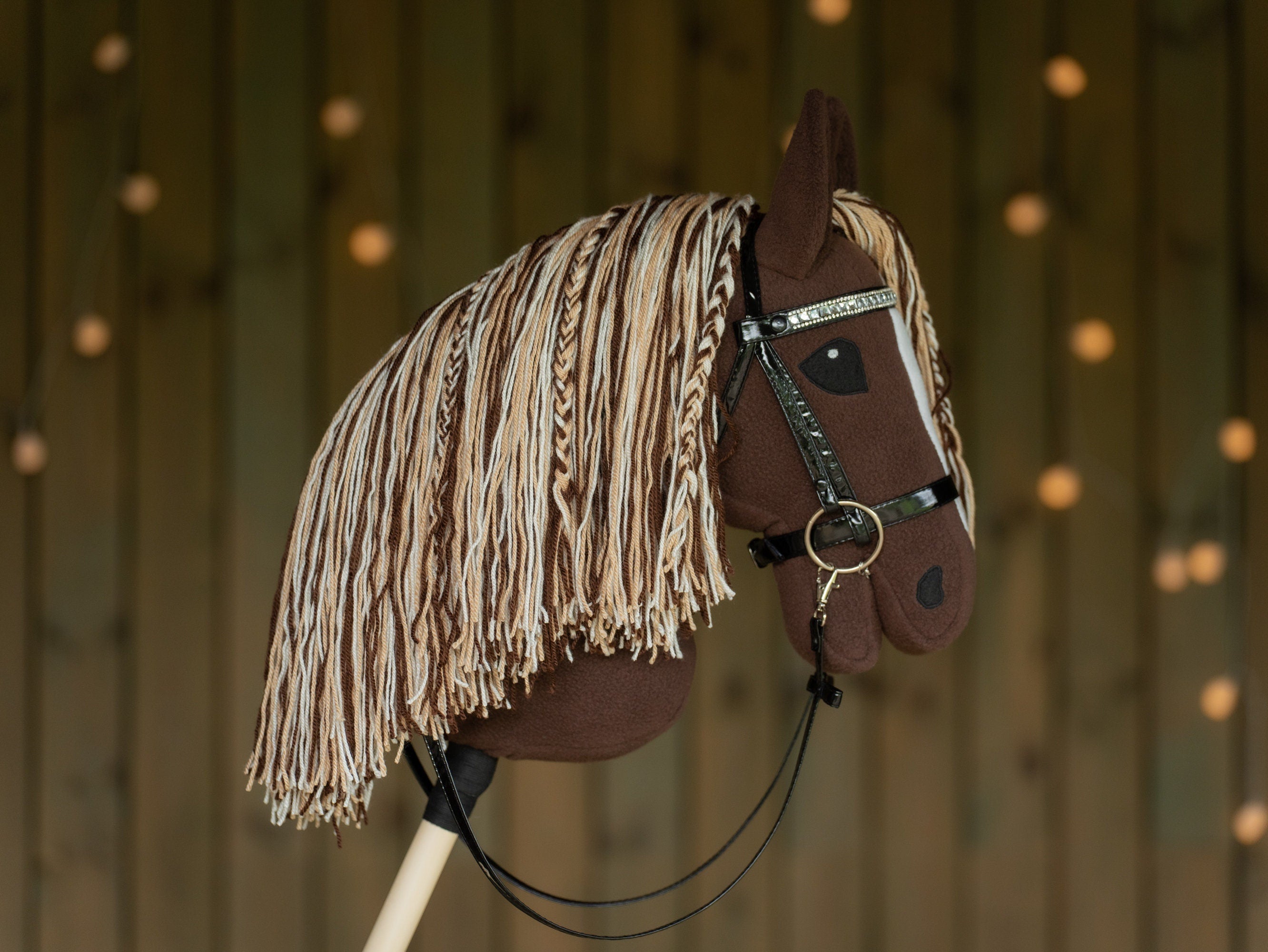 Brown Hobby Horse A3 – Handmade Stick Horse with Bridle or Halter, Tri-Color Mane