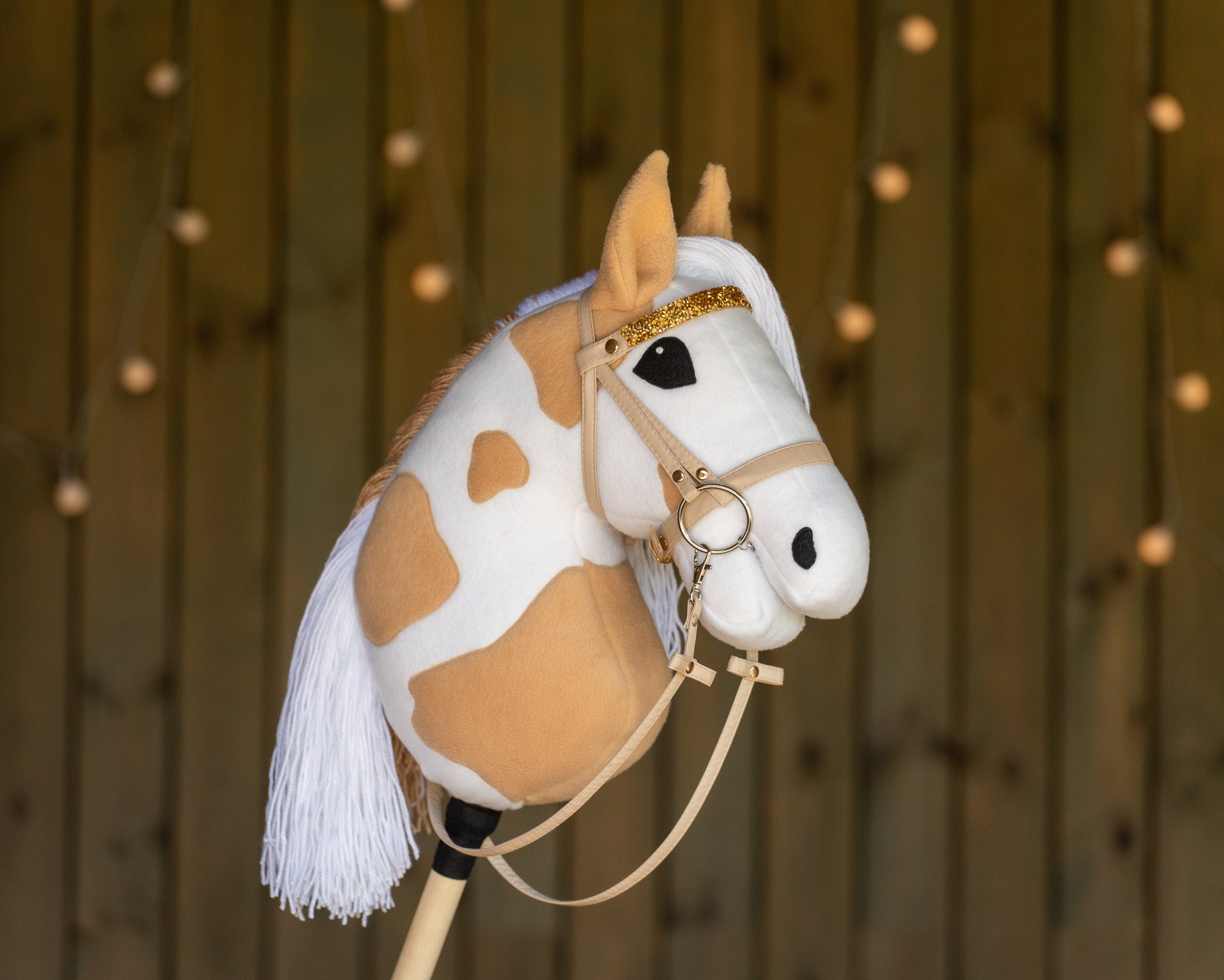Paint Hobby Horse A3 – Handmade Stick Horse with Bridle or Halter, Rhinestone Tack, Two-Color Mane