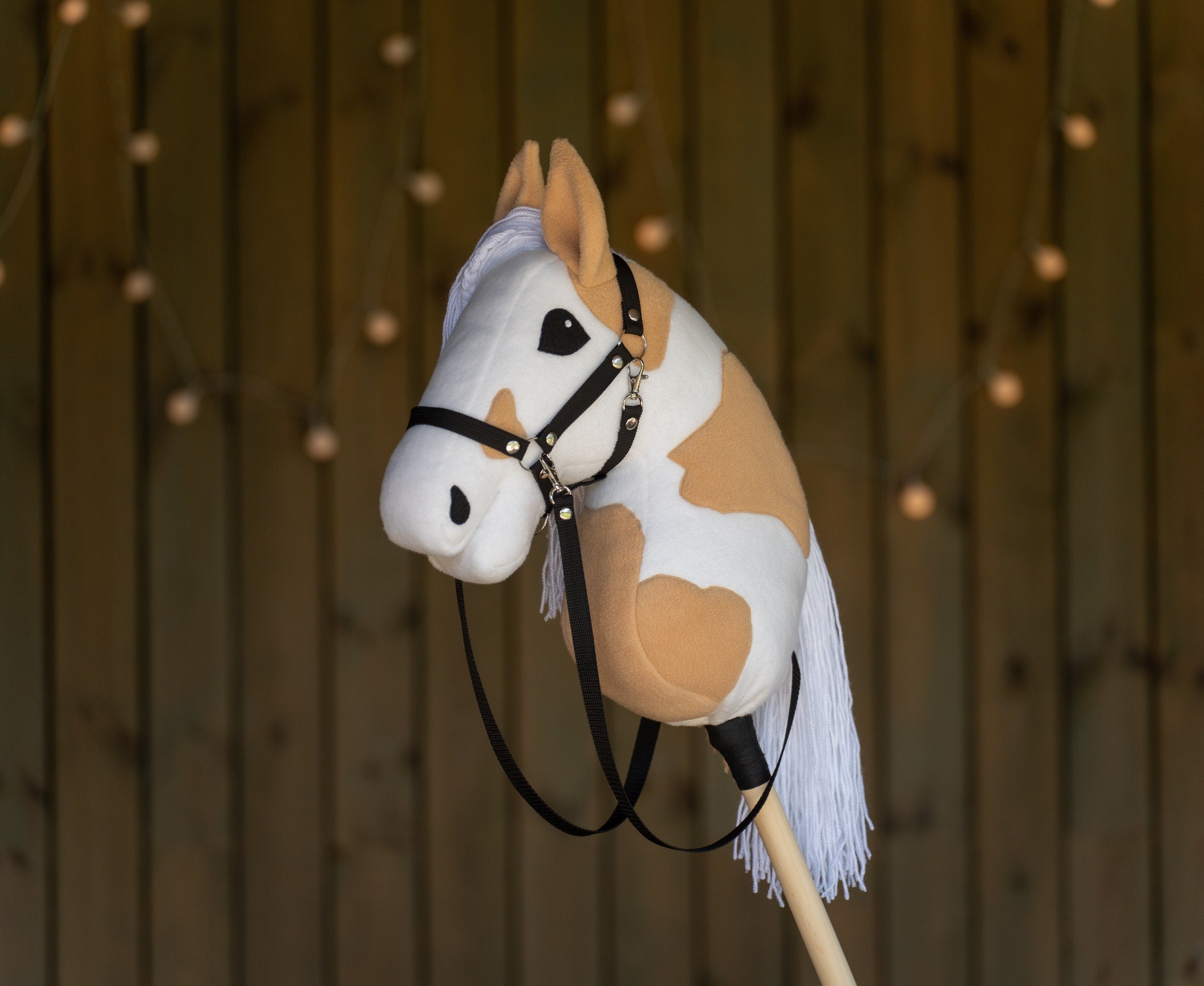 Paint Hobby Horse A3 – Handmade Stick Horse with Bridle or Halter, Rhinestone Tack, Two-Color Mane
