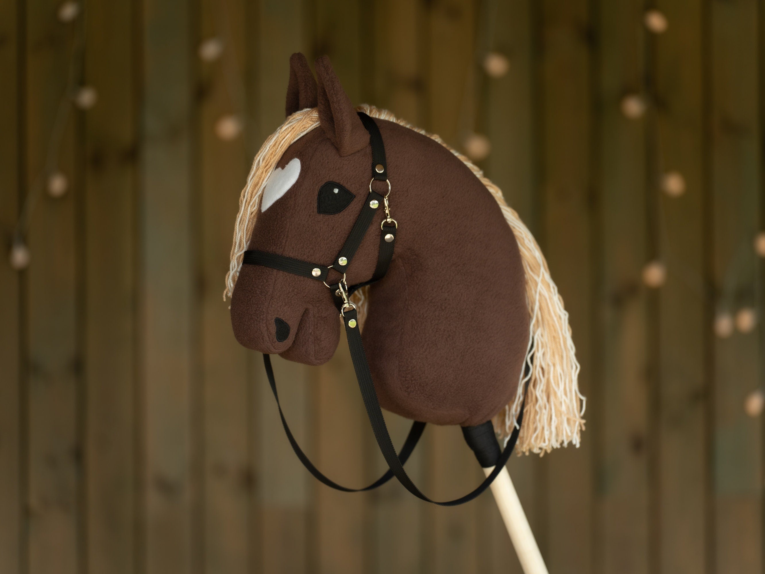 Brown Hobby Horse A3 – Handmade Stick Horse with Rhinestone Bridle or Halter, Two-Color Mane