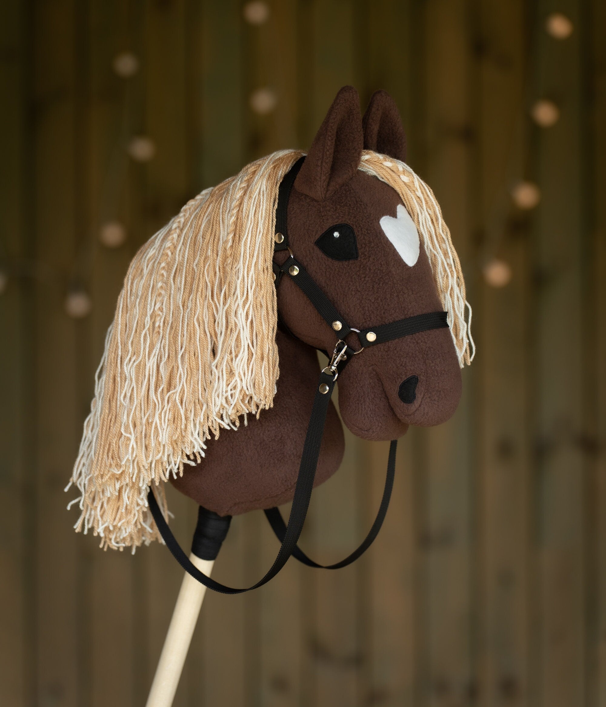 Brown Hobby Horse A3 – Handmade Stick Horse with Rhinestone Bridle or Halter, Two-Color Mane