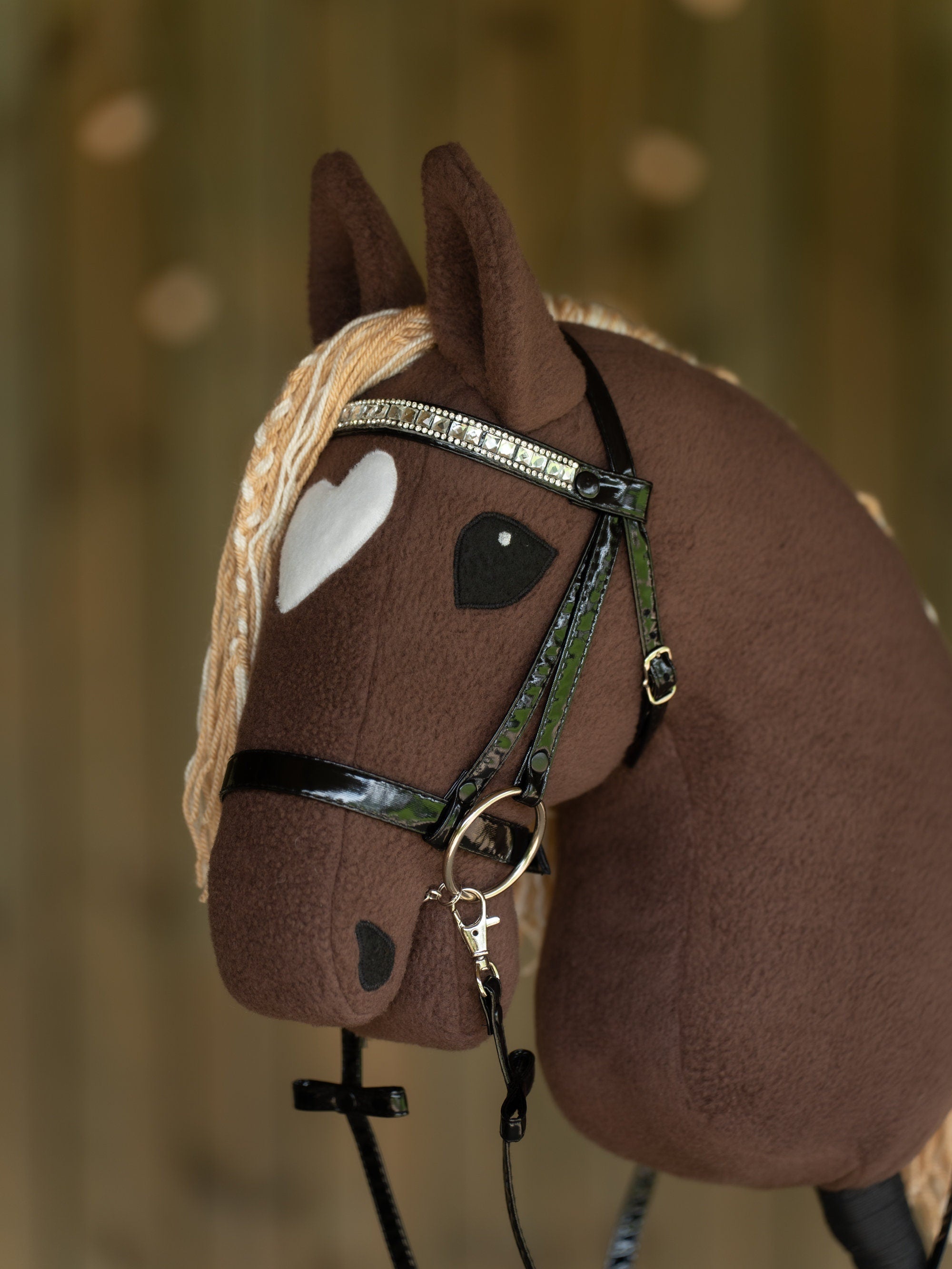 Brown Hobby Horse A3 – Handmade Stick Horse with Rhinestone Bridle or Halter, Two-Color Mane