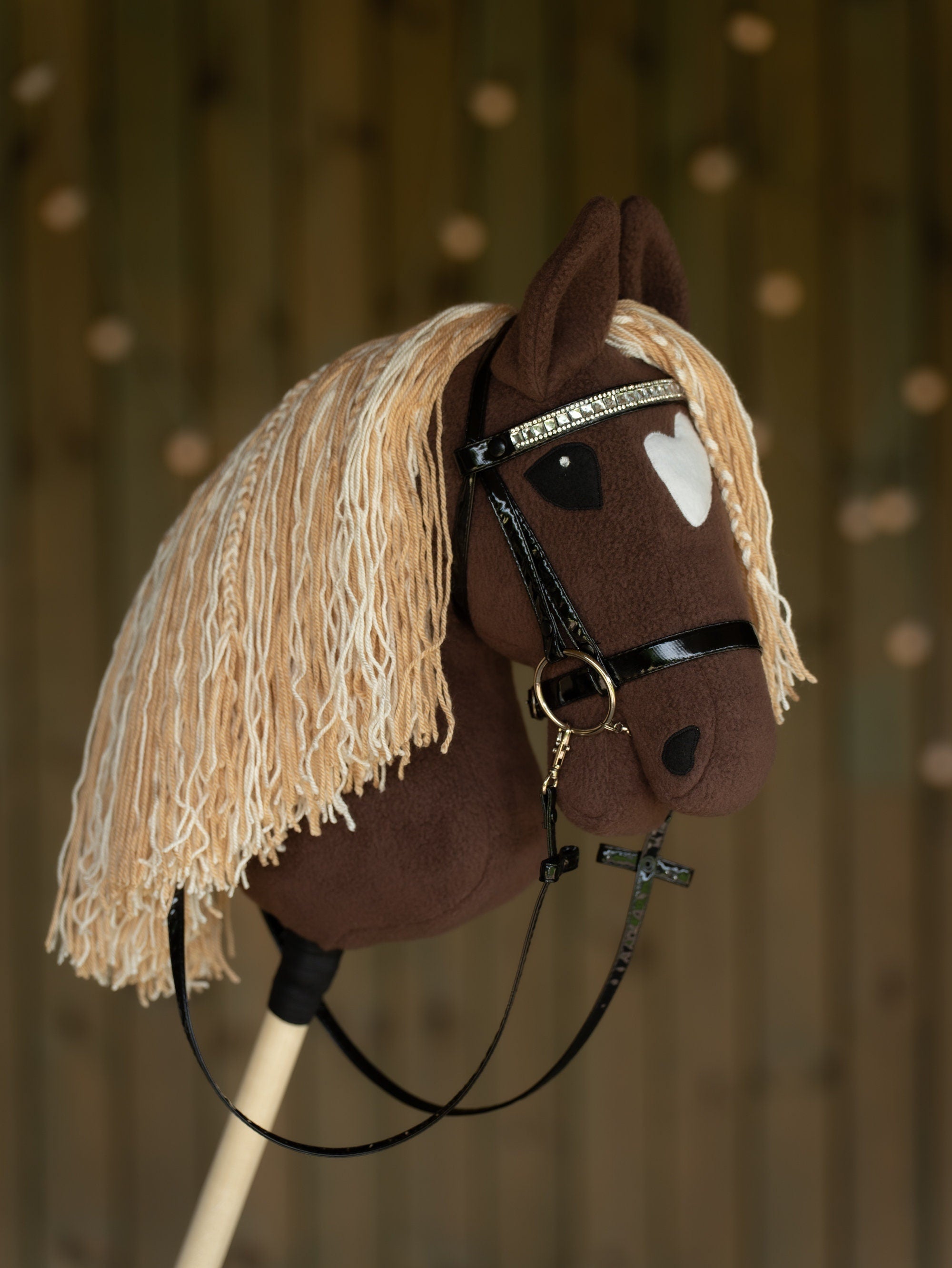 Brown Hobby Horse A3 – Handmade Stick Horse with Rhinestone Bridle or Halter, Two-Color Mane