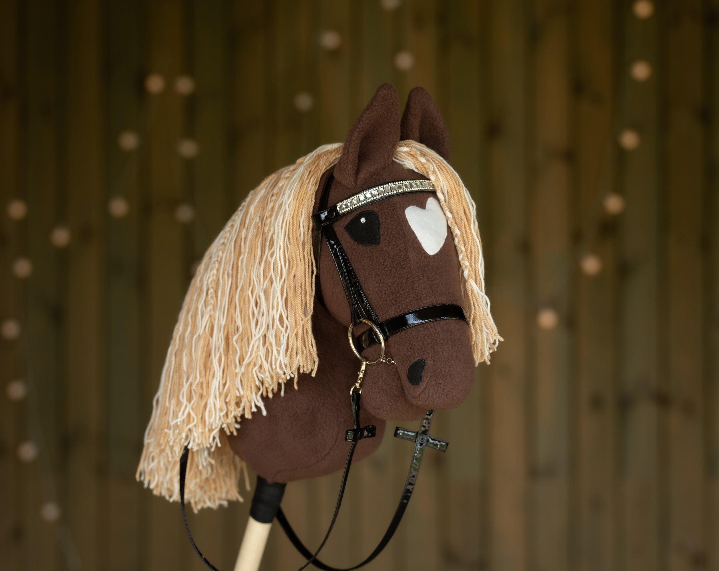 Brown Hobby Horse A3 – Handmade Stick Horse with Rhinestone Bridle or Halter, Two-Color Mane