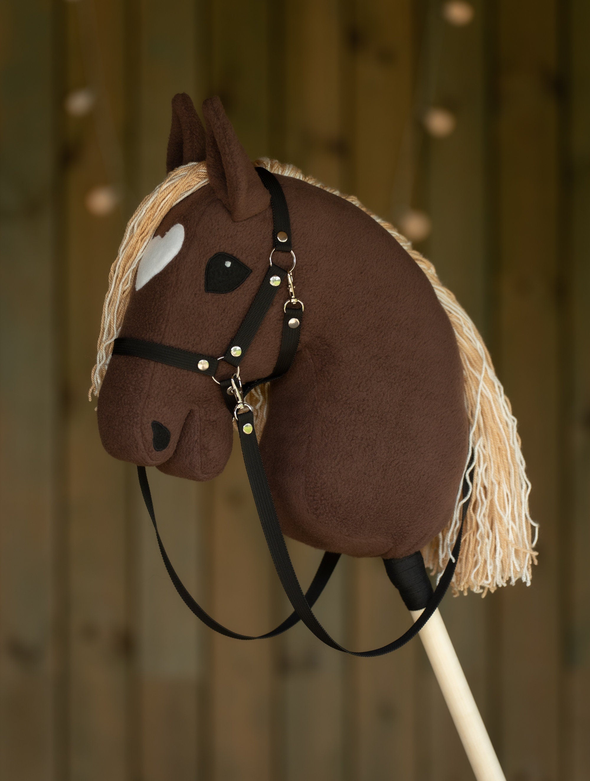 Brown Hobby Horse A3 – Handmade Stick Horse with Rhinestone Bridle or Halter, Two-Color Mane