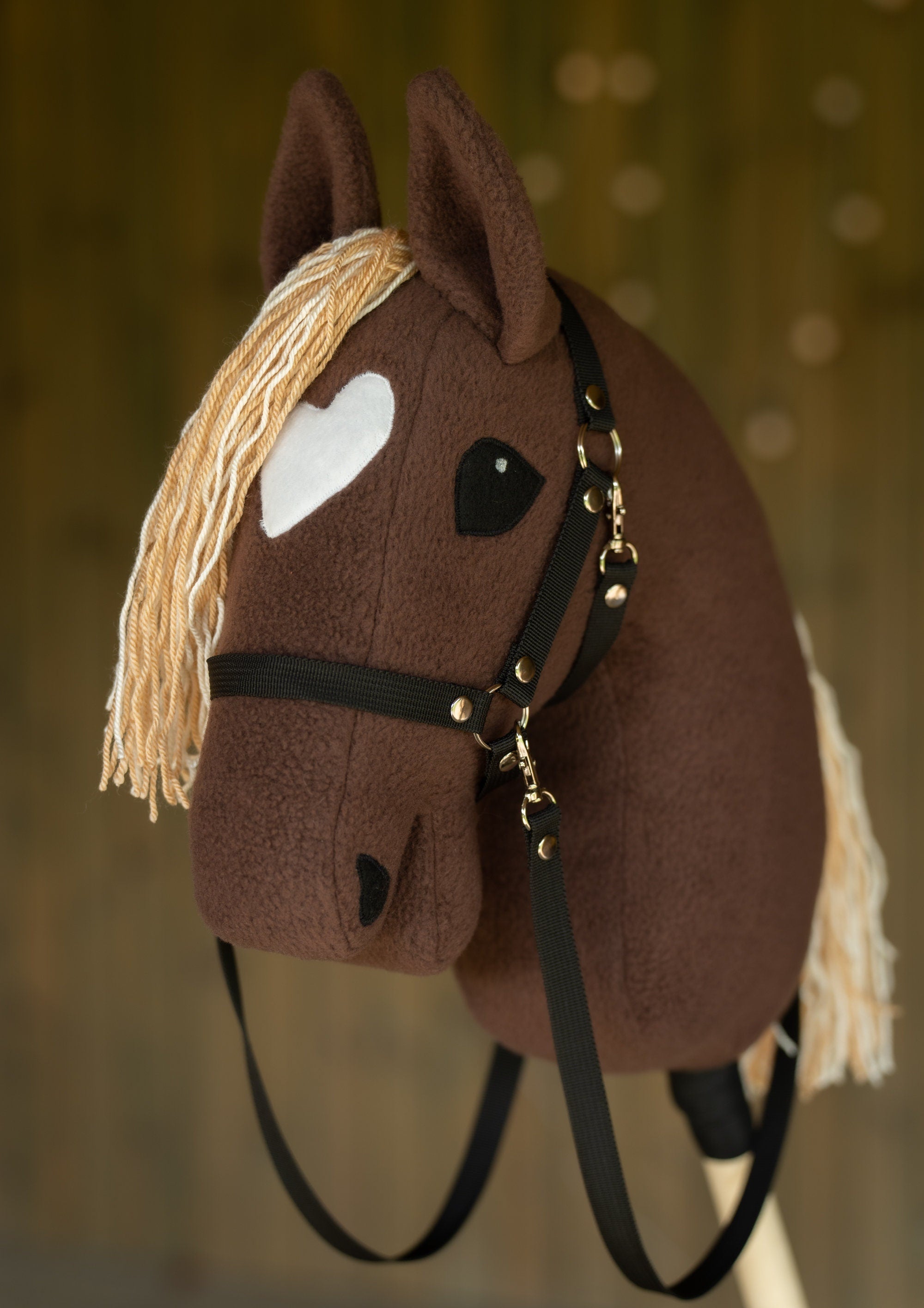 Brown Hobby Horse A3 – Handmade Stick Horse with Rhinestone Bridle or Halter, Two-Color Mane