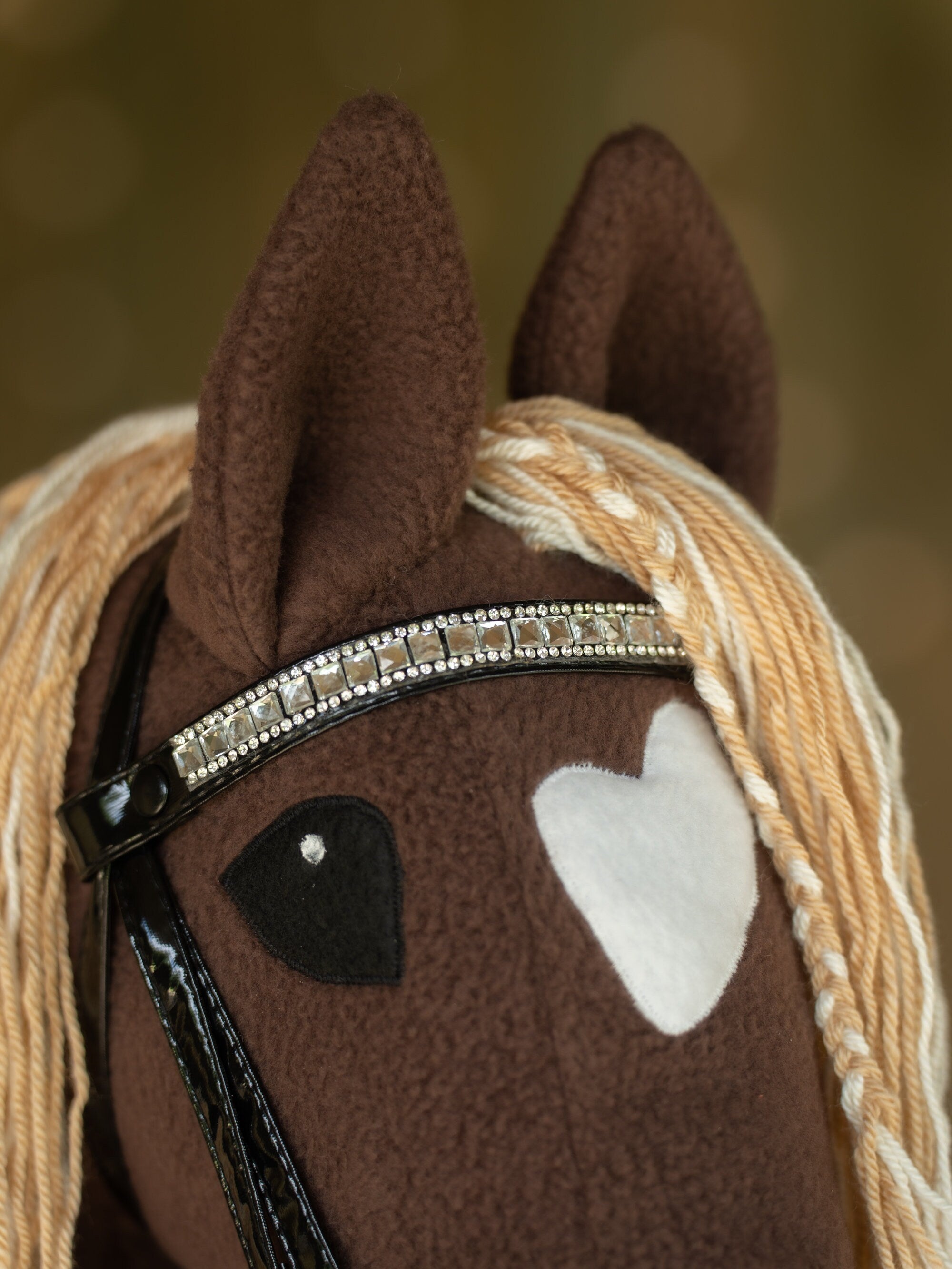 Brown Hobby Horse A3 – Handmade Stick Horse with Rhinestone Bridle or Halter, Two-Color Mane