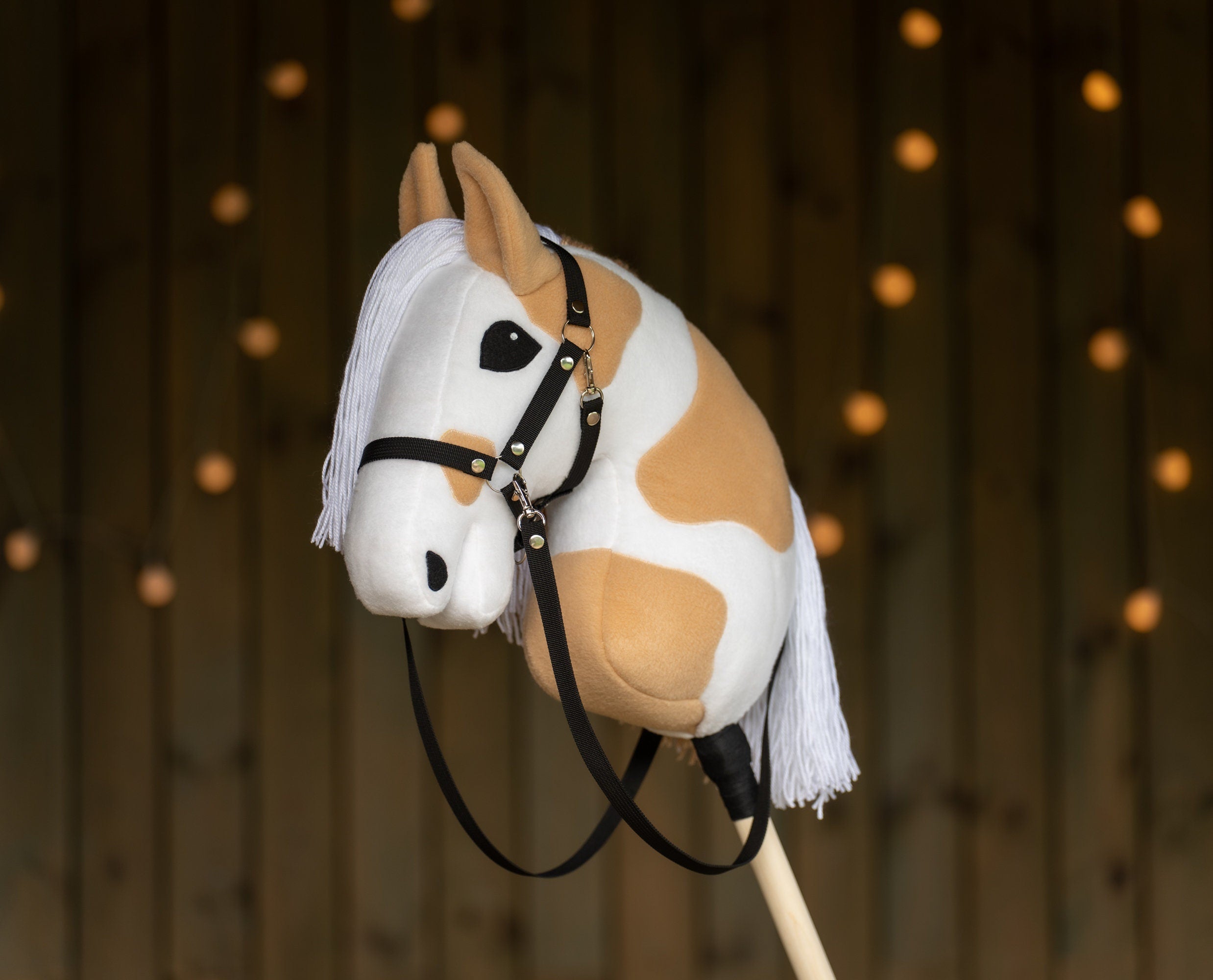 Paint Hobby Horse A3 – Handmade Stick Horse with Bridle or Halter, Rhinestone Tack, Two-Color Mane