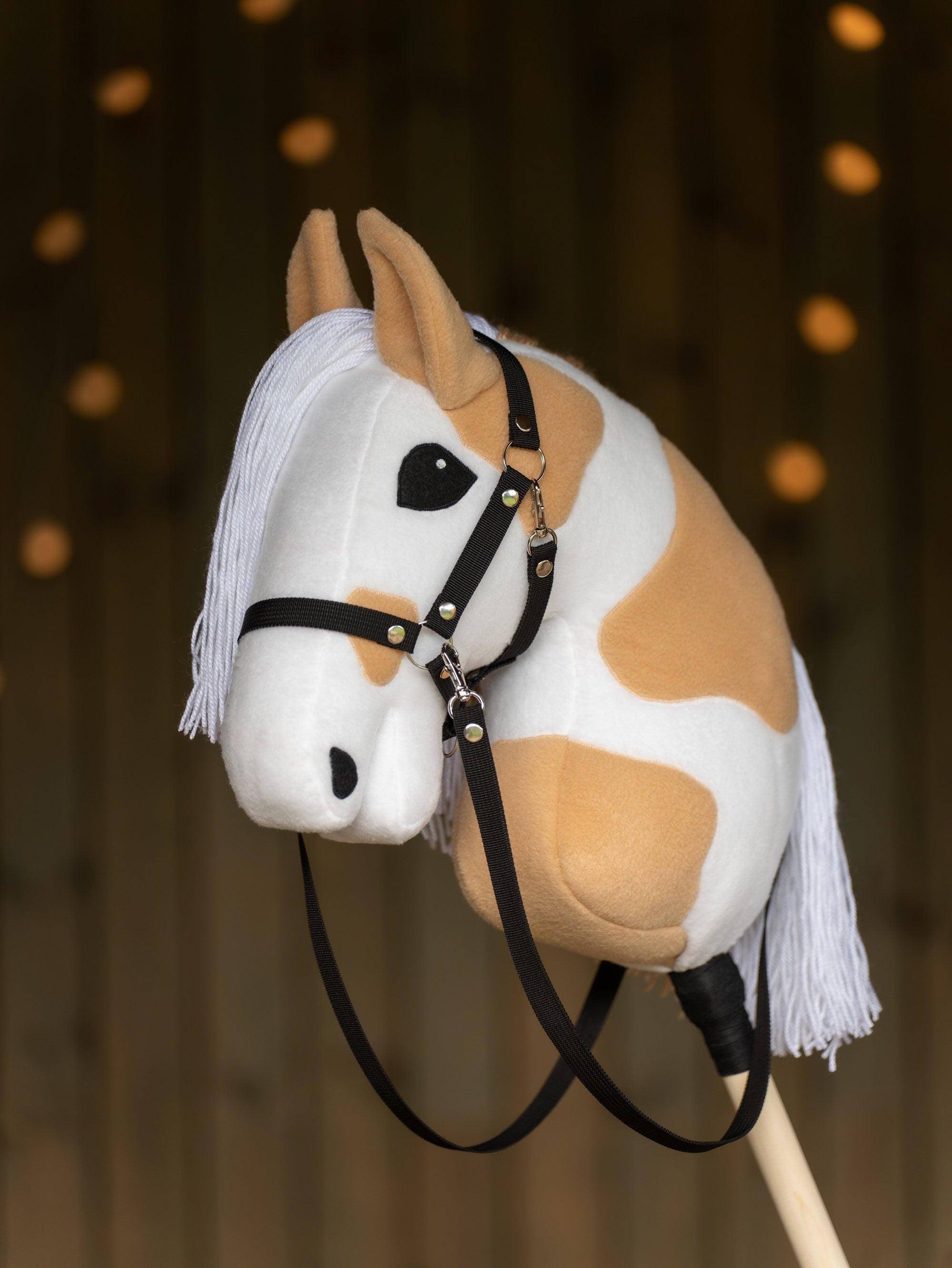 Paint Hobby Horse A3 – Handmade Stick Horse with Bridle or Halter, Rhinestone Tack, Two-Color Mane