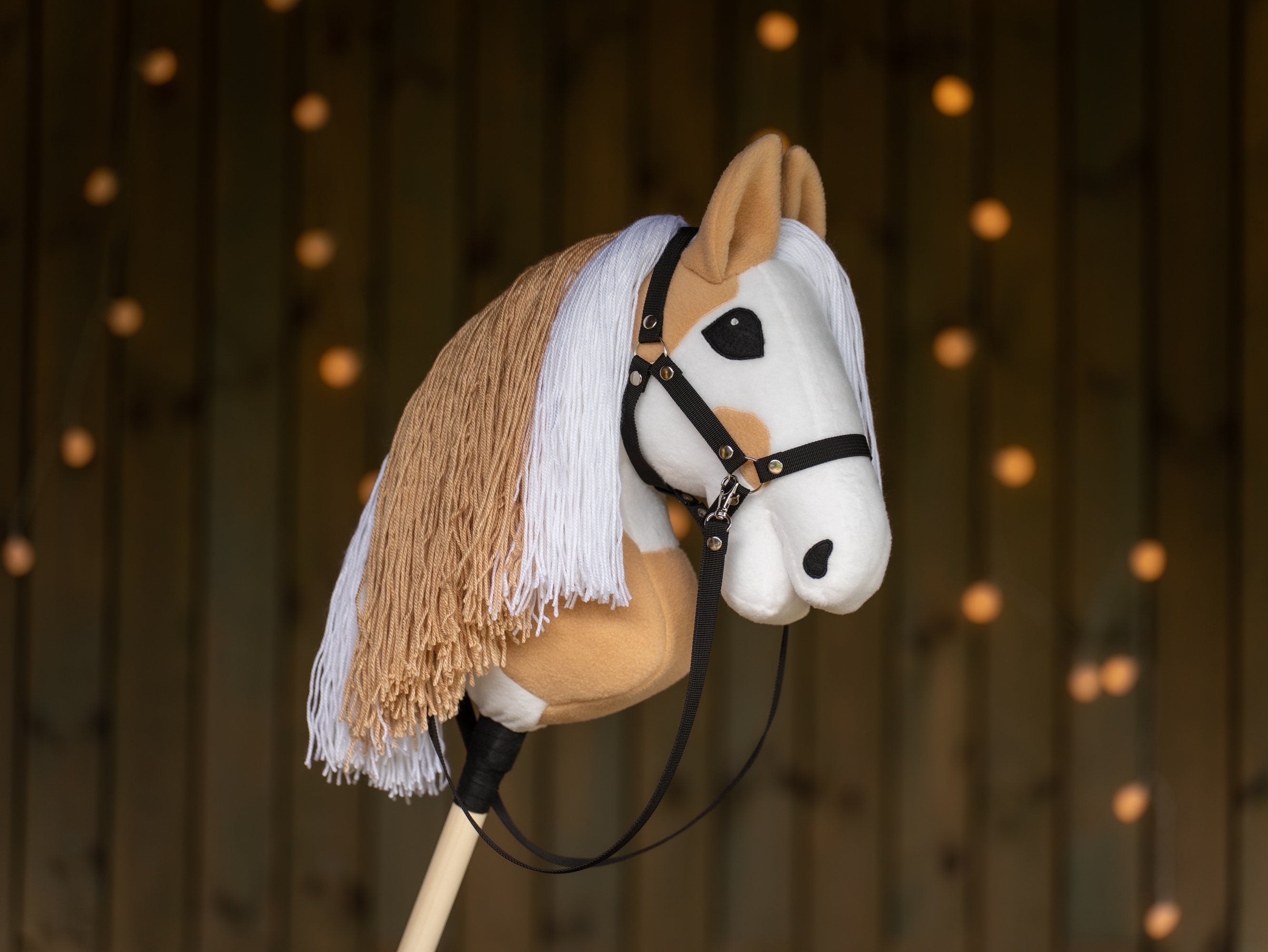 Paint Hobby Horse A3 – Handmade Stick Horse with Bridle or Halter, Rhinestone Tack, Two-Color Mane
