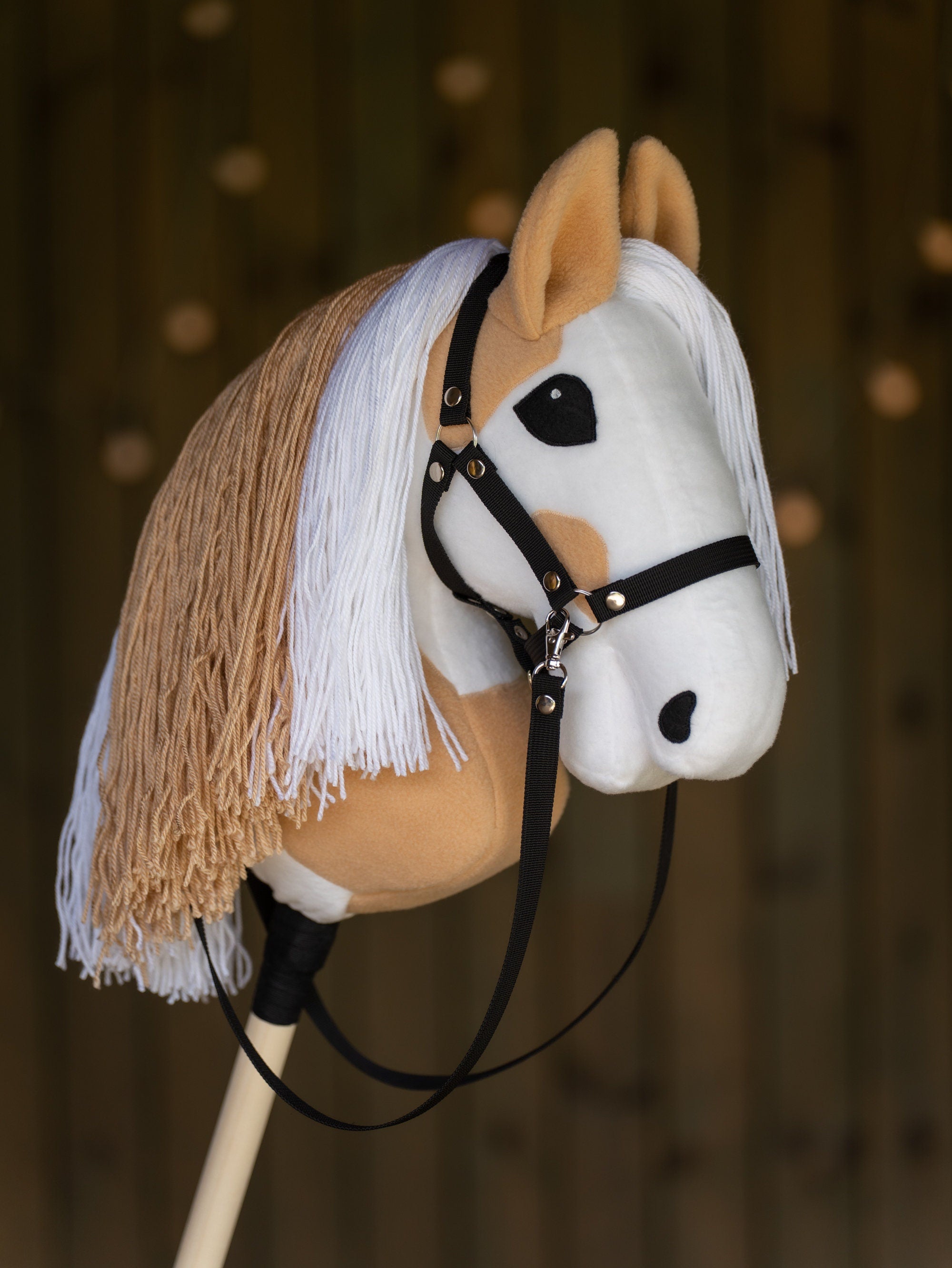 Paint Hobby Horse A3 – Handmade Stick Horse with Bridle or Halter, Rhinestone Tack, Two-Color Mane
