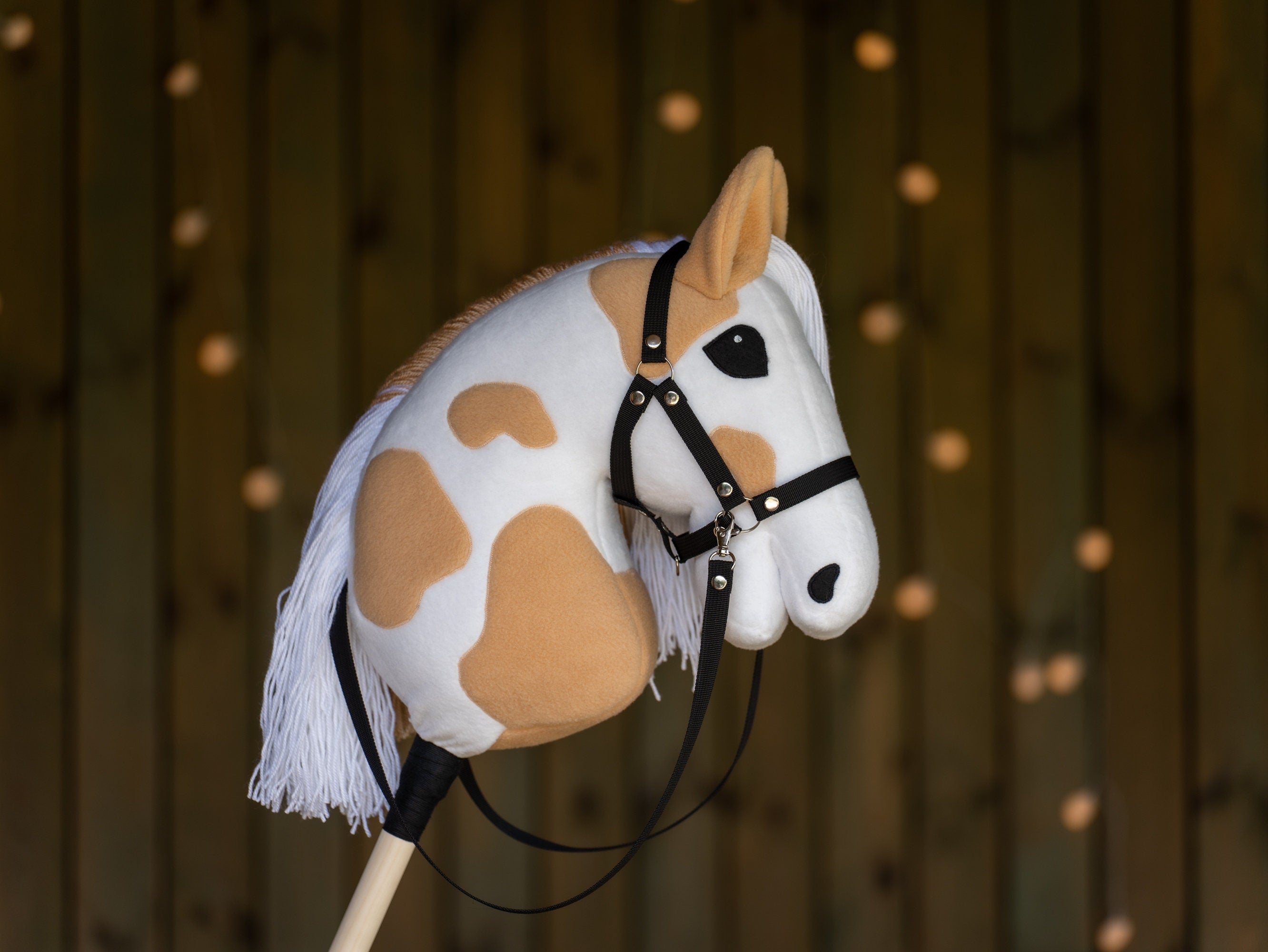 Paint Hobby Horse A3 – Handmade Stick Horse with Bridle or Halter, Rhinestone Tack, Two-Color Mane